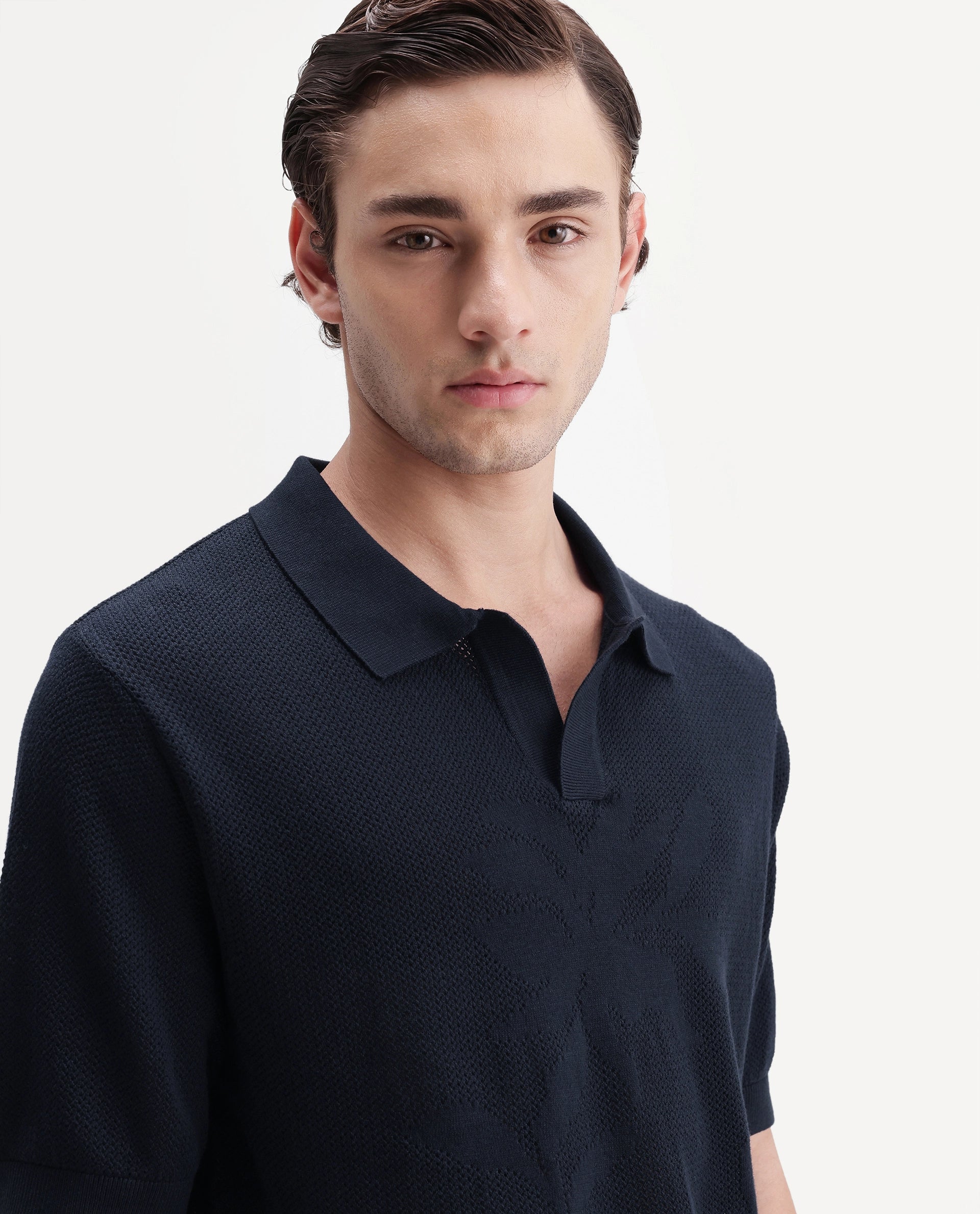 Rare Rabbit Men's Alfie Navy Cotton Regular Fit Textured Polo