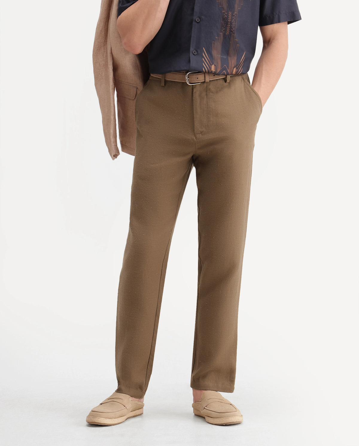 Rare Rabbit Men's Cira-B Brown Cotton Blend Button And Zip Regular Fit Plain Trouser