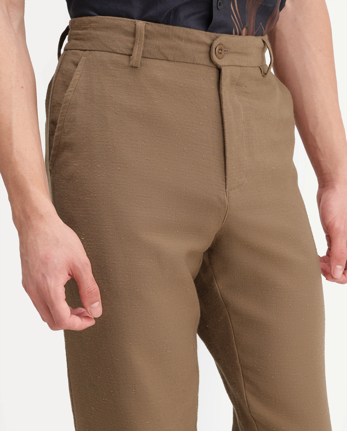 Rare Rabbit Men's Cira-B Brown Cotton Blend Button And Zip Regular Fit Plain Trouser