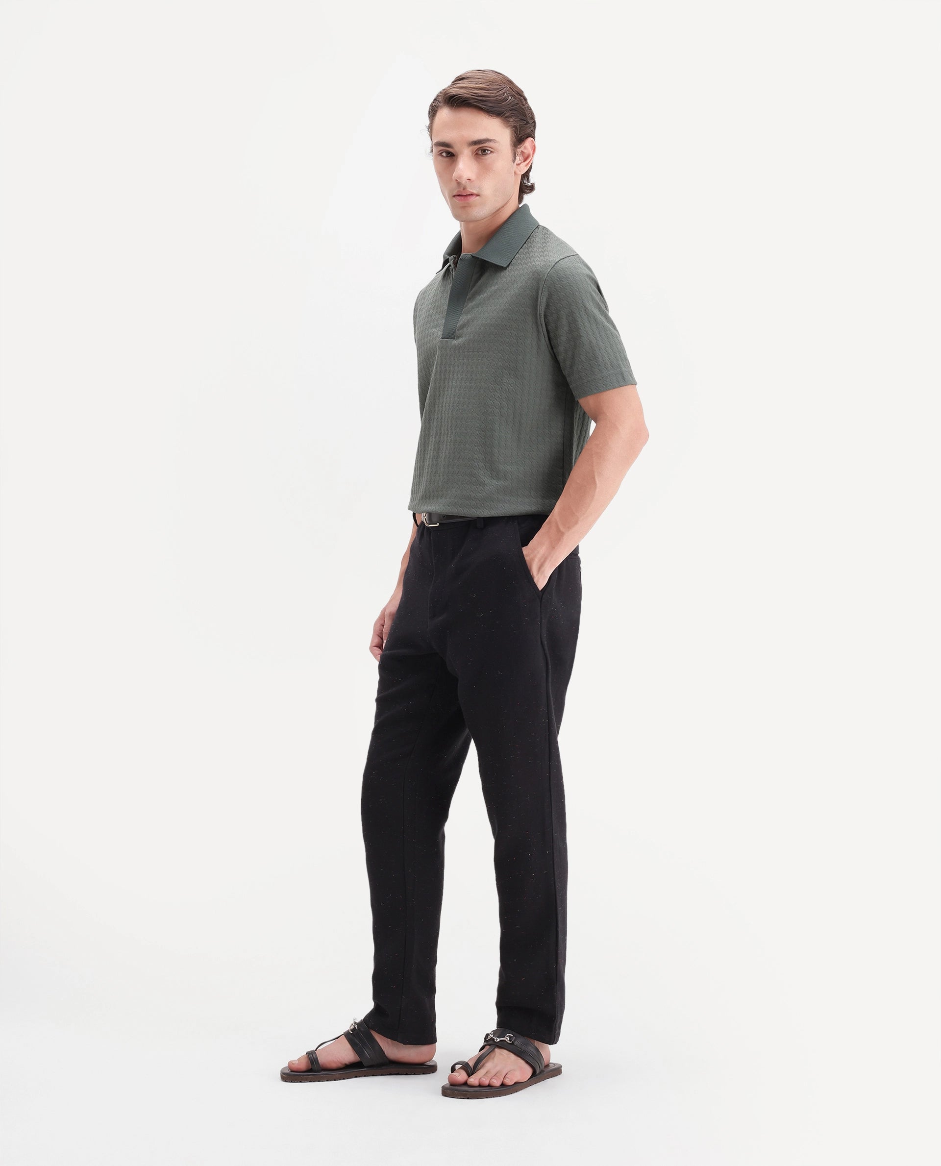 Rare Rabbit Men's Cira-B Navy Cotton Blend Button And Zip Regular Fit Plain Trouser