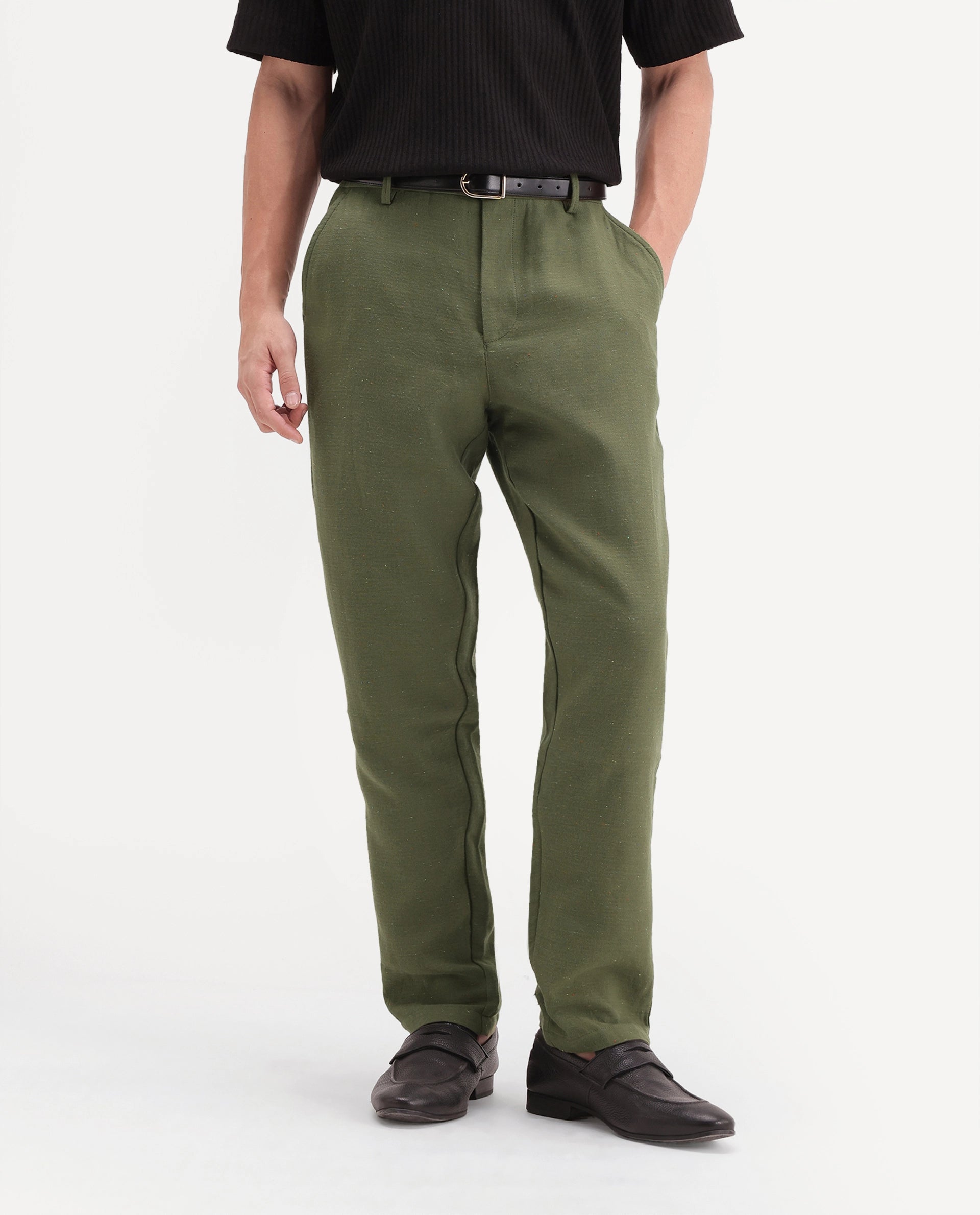 Rare Rabbit Men's Cira-B Dark Green Cotton Blend Button And Zip Regular Fit Plain Trouser