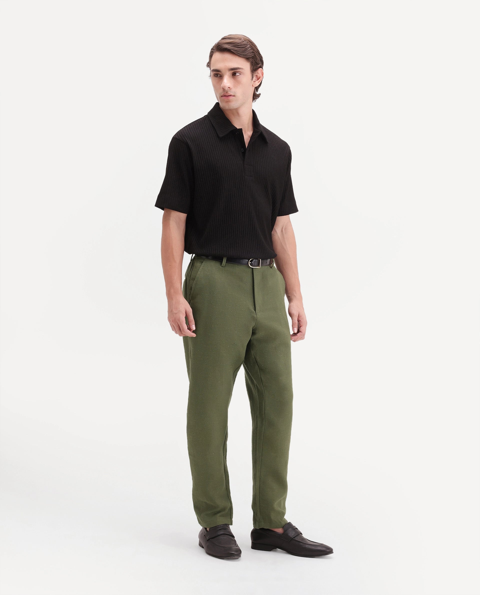 Rare Rabbit Men's Cira-B Dark Green Cotton Blend Button And Zip Regular Fit Plain Trouser