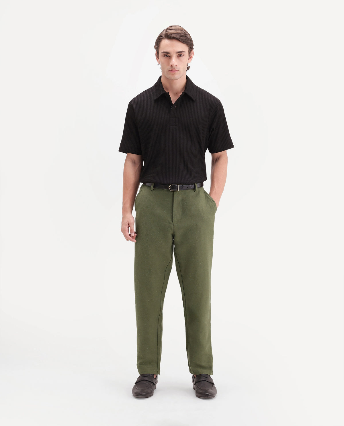 Rare Rabbit Men's Cira-B Dark Green Cotton Blend Button And Zip Regular Fit Plain Trouser