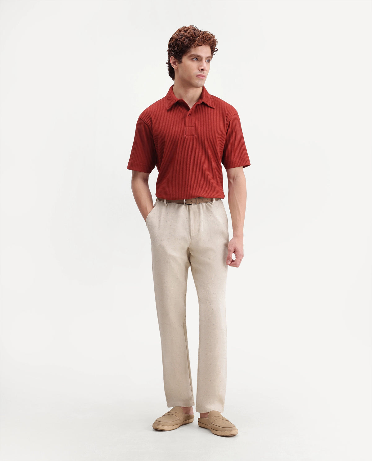 Rare Rabbit Men's Cira-B Beige Cotton Blend Button And Zip Regular Fit Plain Trouser