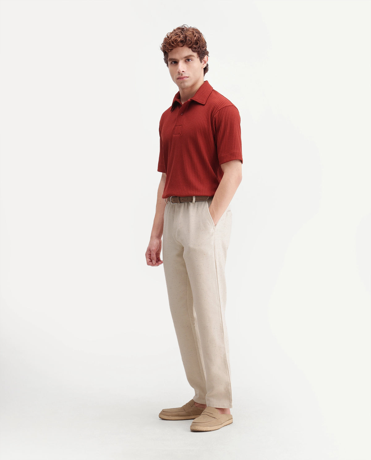 Rare Rabbit Men's Cira-B Beige Cotton Blend Button And Zip Regular Fit Plain Trouser