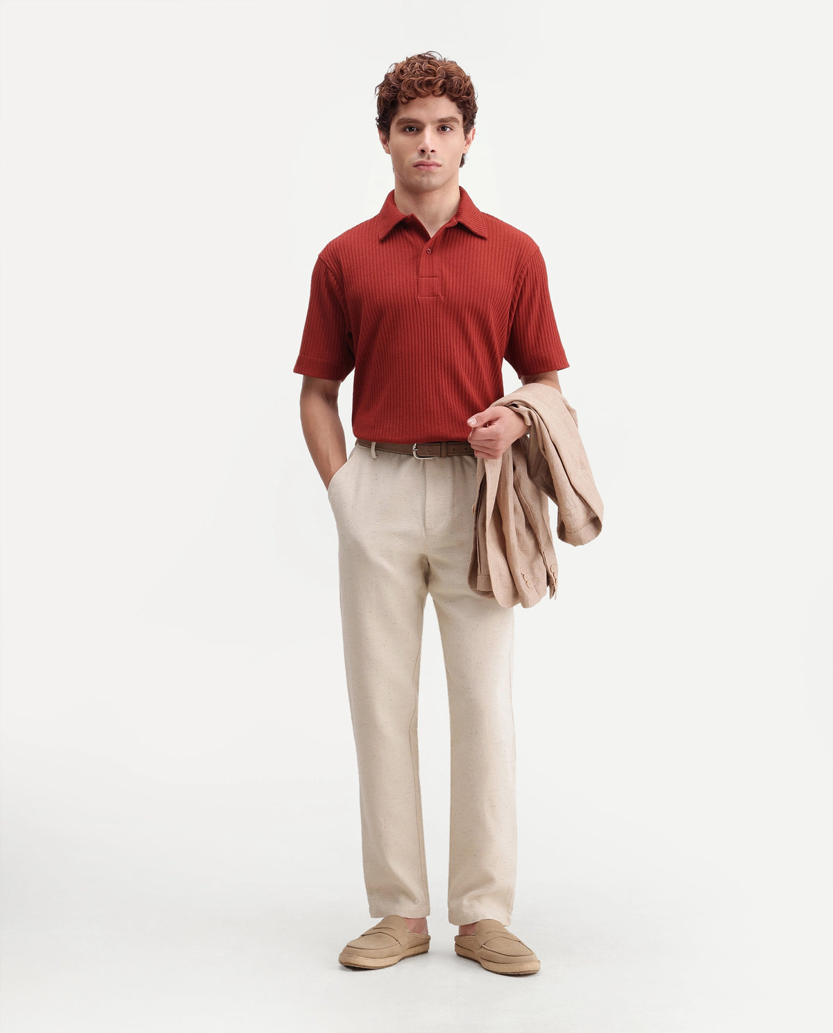 Rare Rabbit Men's Cira-B Beige Cotton Blend Button And Zip Regular Fit Plain Trouser