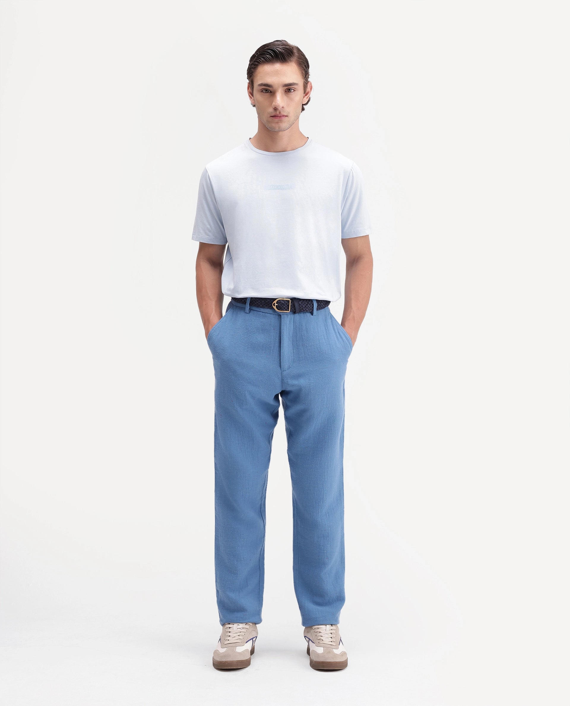 Rare Rabbit Men's Cira-B Blue Cotton Blend Button And Zip Regular Fit Plain Trouser