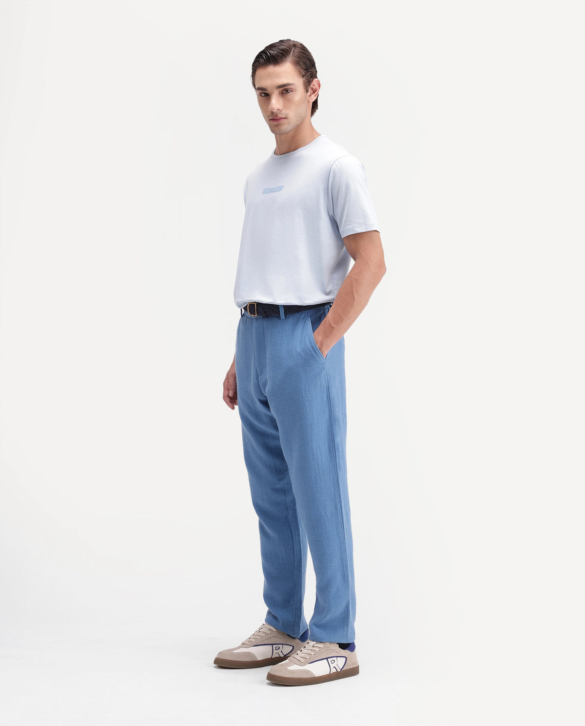 Rare Rabbit Men's Cira-B Blue Cotton Blend Button And Zip Regular Fit Plain Trouser