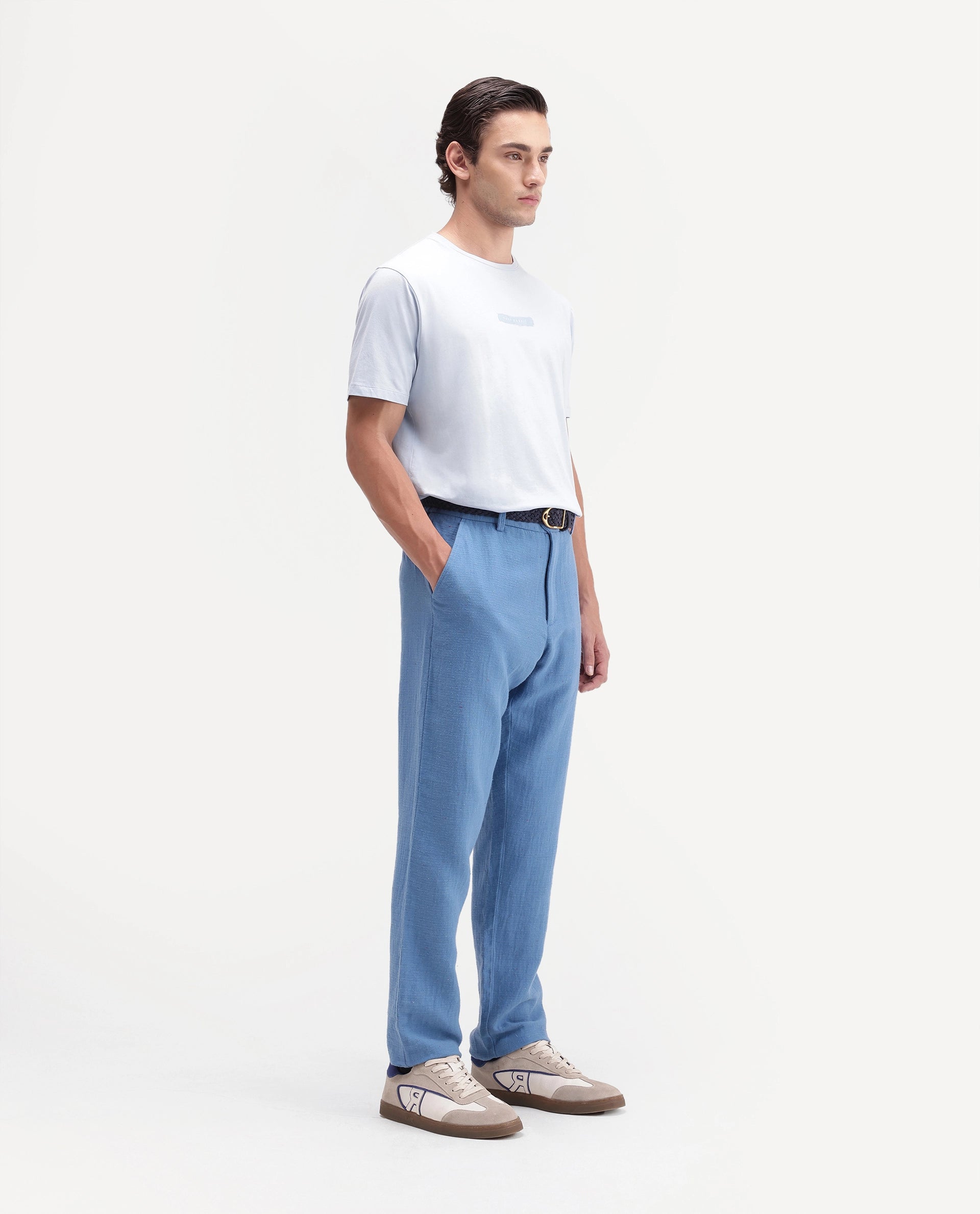 Rare Rabbit Men's Cira-B Blue Cotton Blend Button And Zip Regular Fit Plain Trouser