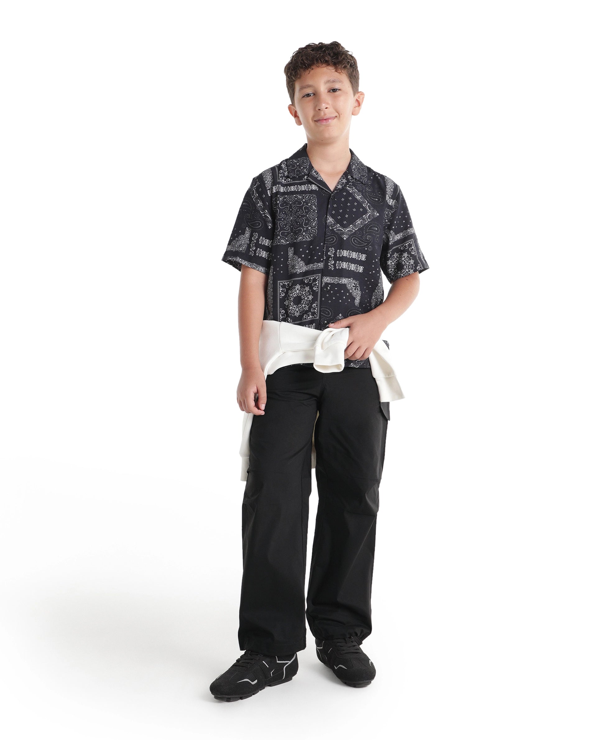 Rare Ones Kids Garet-B Black Cotton Blend Fabric Drawstring Closure Parachute Fit Plain Trouser