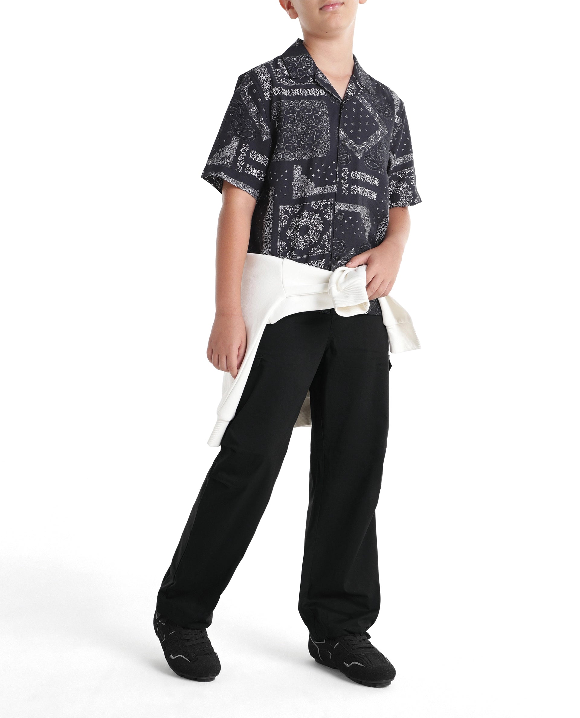 Rare Ones Kids Garet-B Black Cotton Blend Fabric Drawstring Closure Parachute Fit Plain Trouser