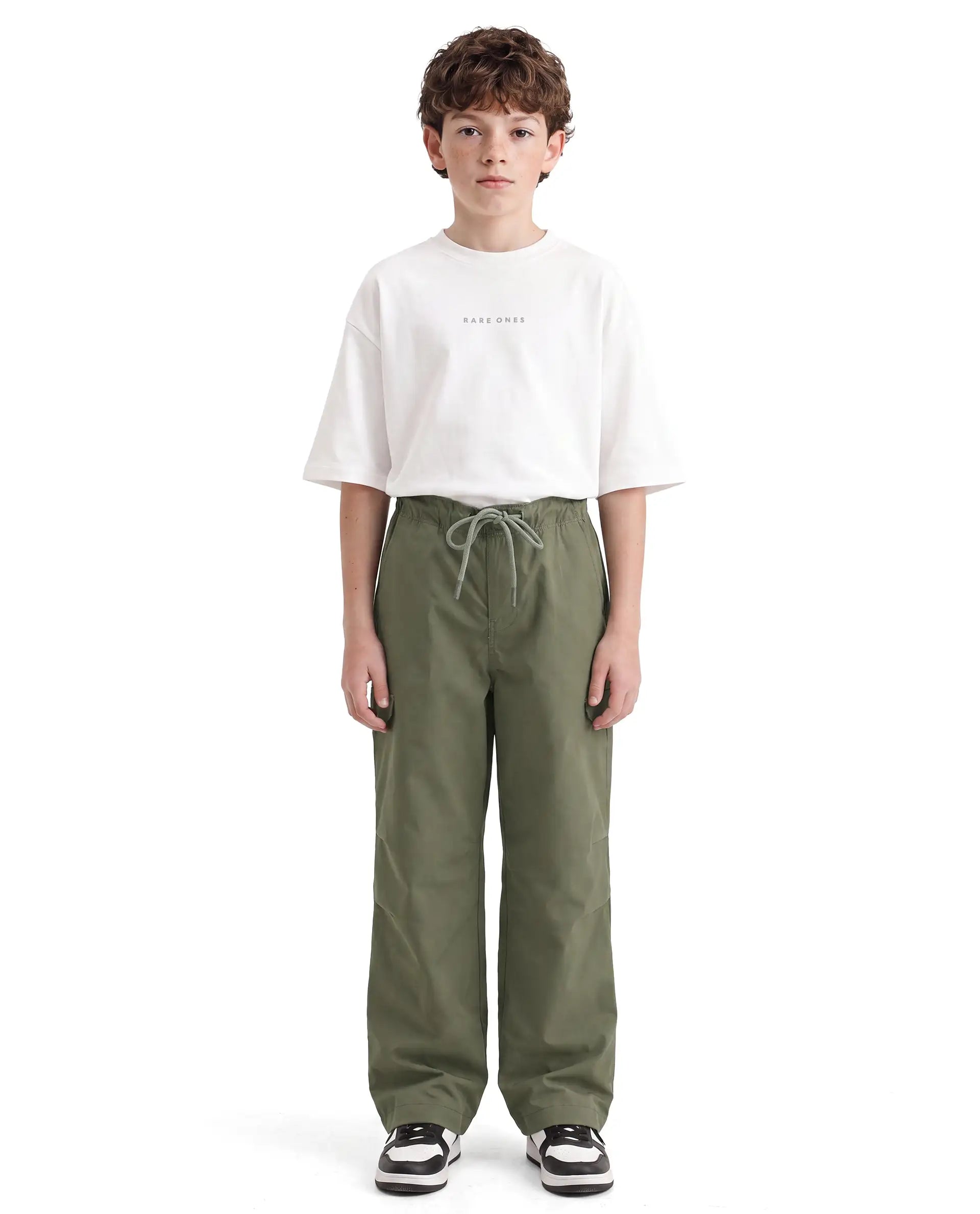 Rare Ones Kids Garet-B Olive Cotton Blend Fabric Drawstring Closure Parachute Fit Plain Trouser