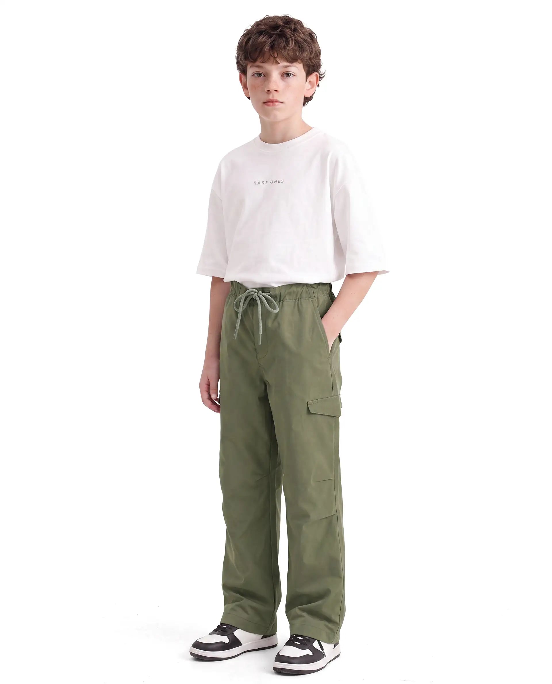 Rare Ones Kids Garet-B Olive Cotton Blend Fabric Drawstring Closure Parachute Fit Plain Trouser
