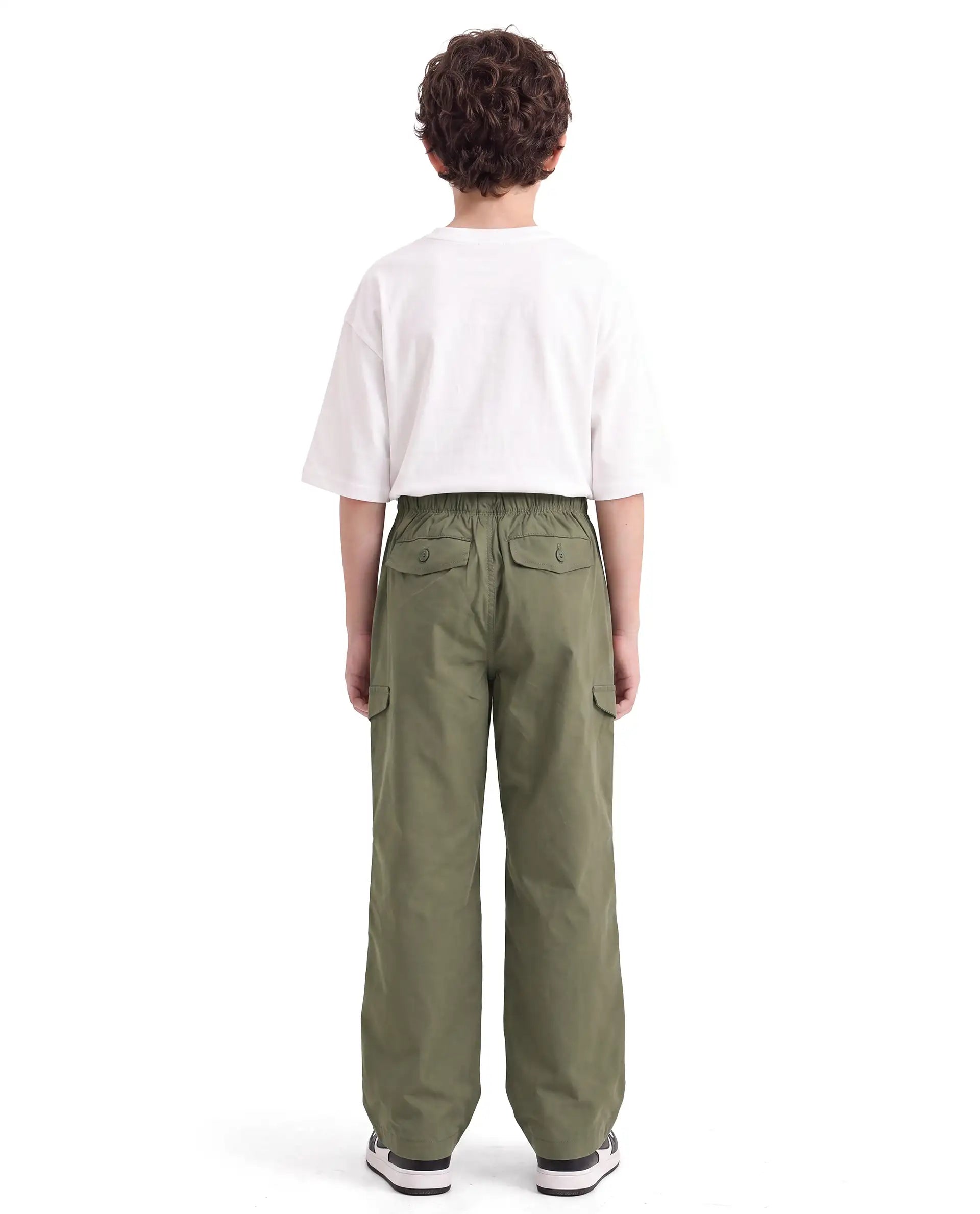 Rare Ones Kids Garet-B Olive Cotton Blend Fabric Drawstring Closure Parachute Fit Plain Trouser