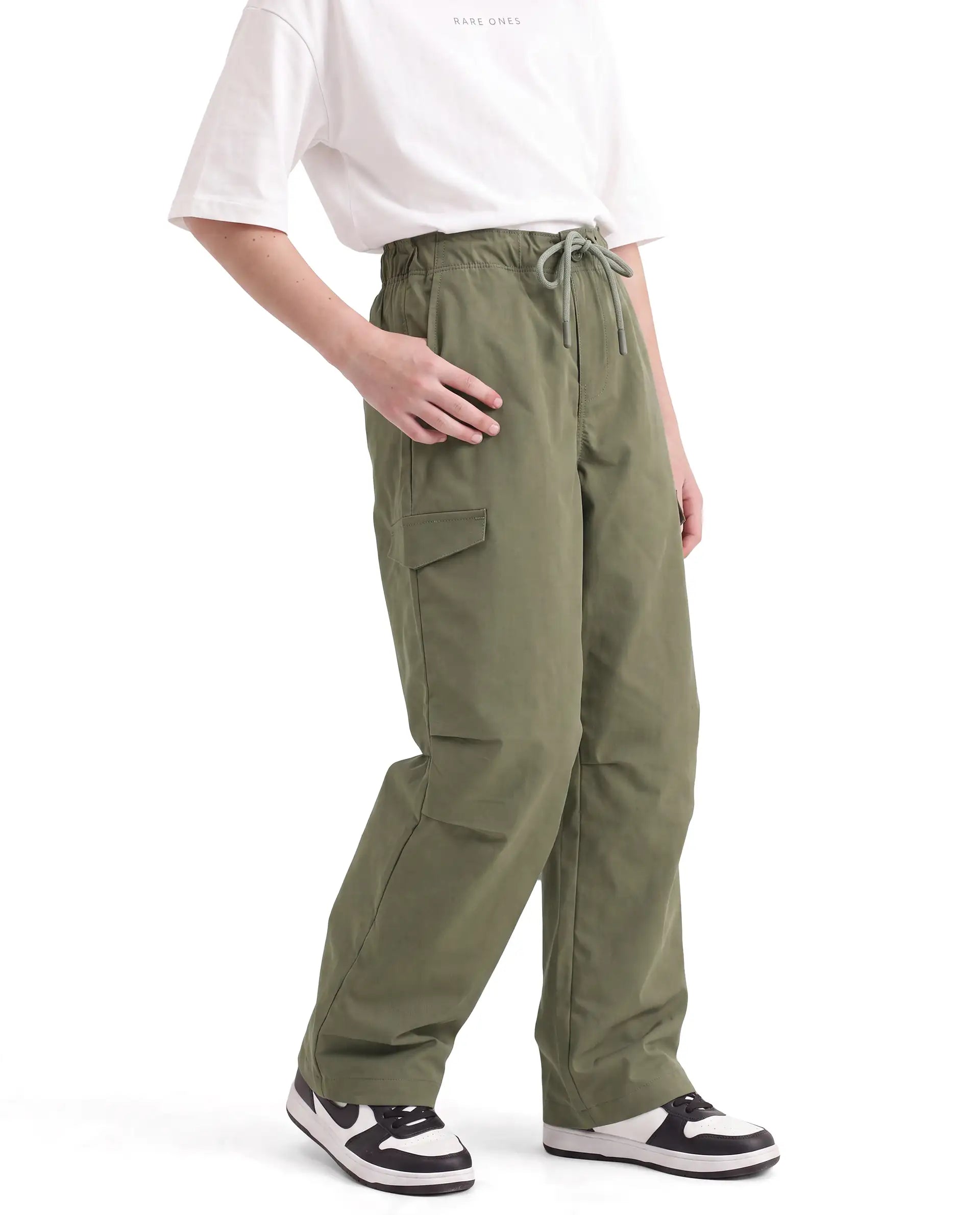 Rare Ones Kids Garet-B Olive Cotton Blend Fabric Drawstring Closure Parachute Fit Plain Trouser