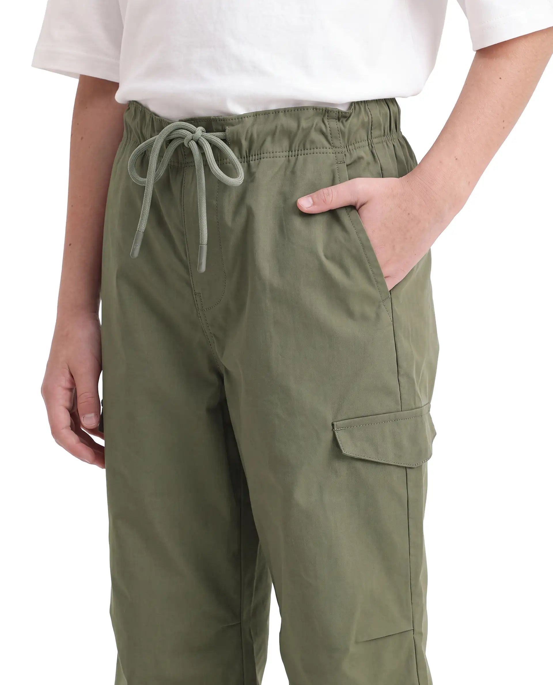 Rare Ones Kids Garet-B Olive Cotton Blend Fabric Drawstring Closure Parachute Fit Plain Trouser