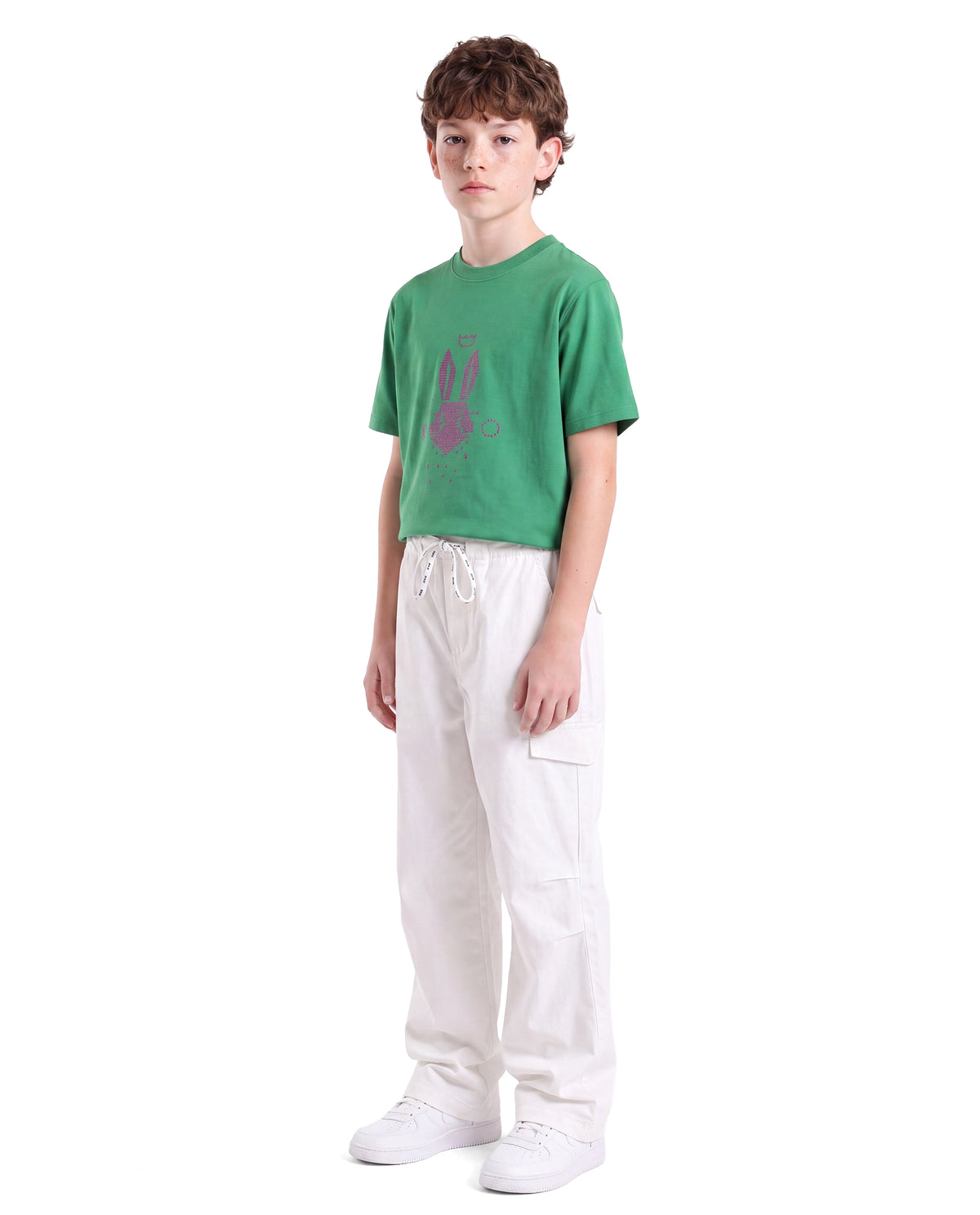 Rare Ones Kids Garet-B White Cotton Blend Fabric Drawstring Closure Parachute Fit Fit Plain Trouser