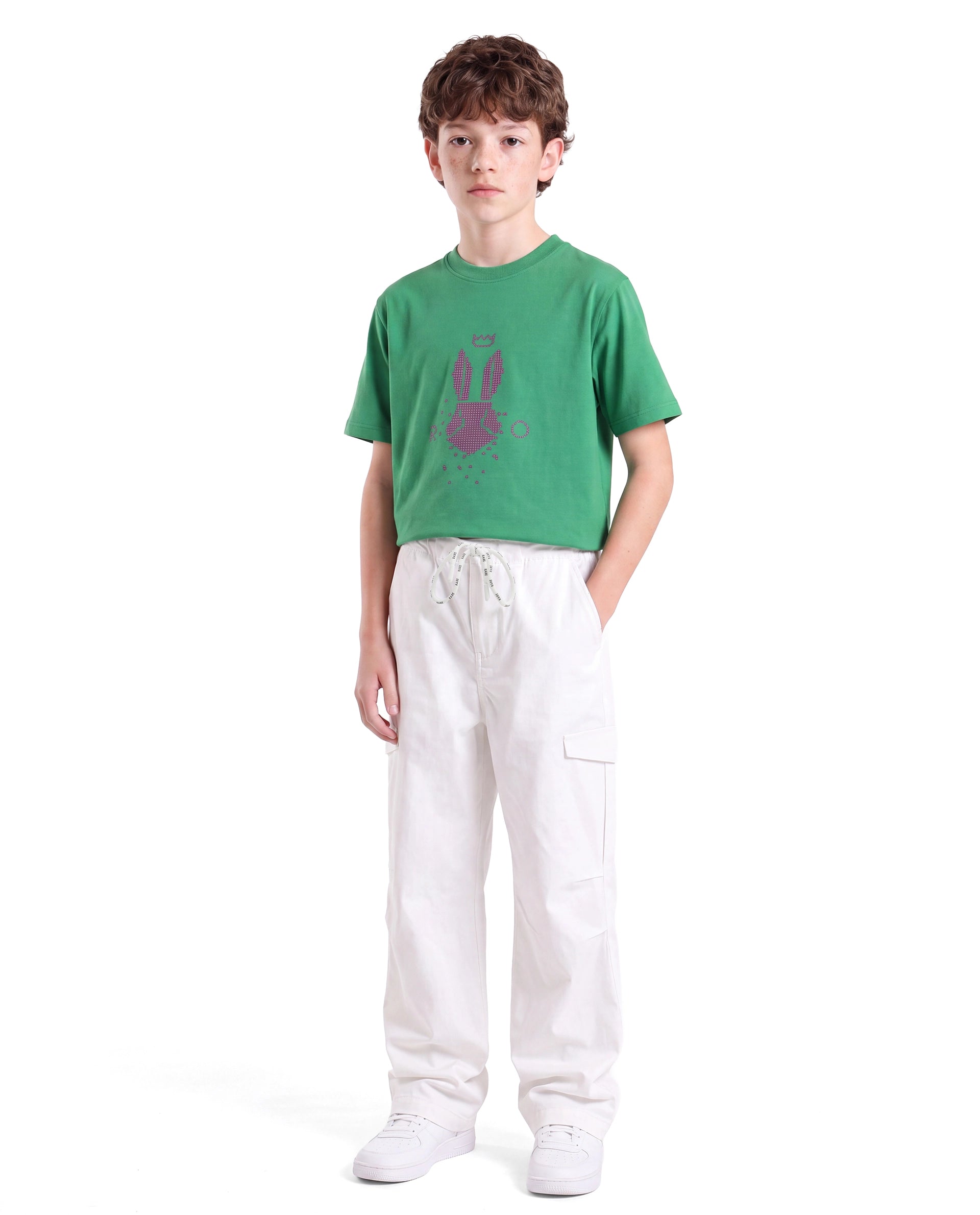Rare Ones Kids Garet-B White Cotton Blend Fabric Drawstring Closure Parachute Fit Fit Plain Trouser