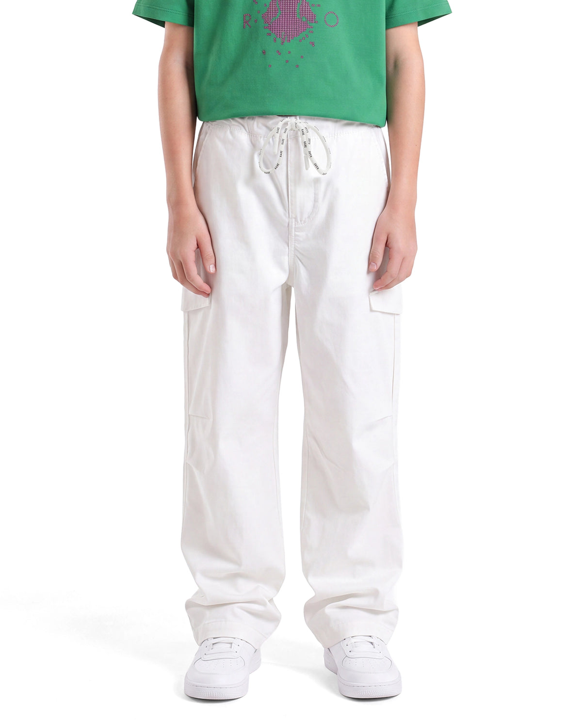 Rare Ones Kids Garet-B White Cotton Blend Fabric Drawstring Closure Parachute Fit Fit Plain Trouser