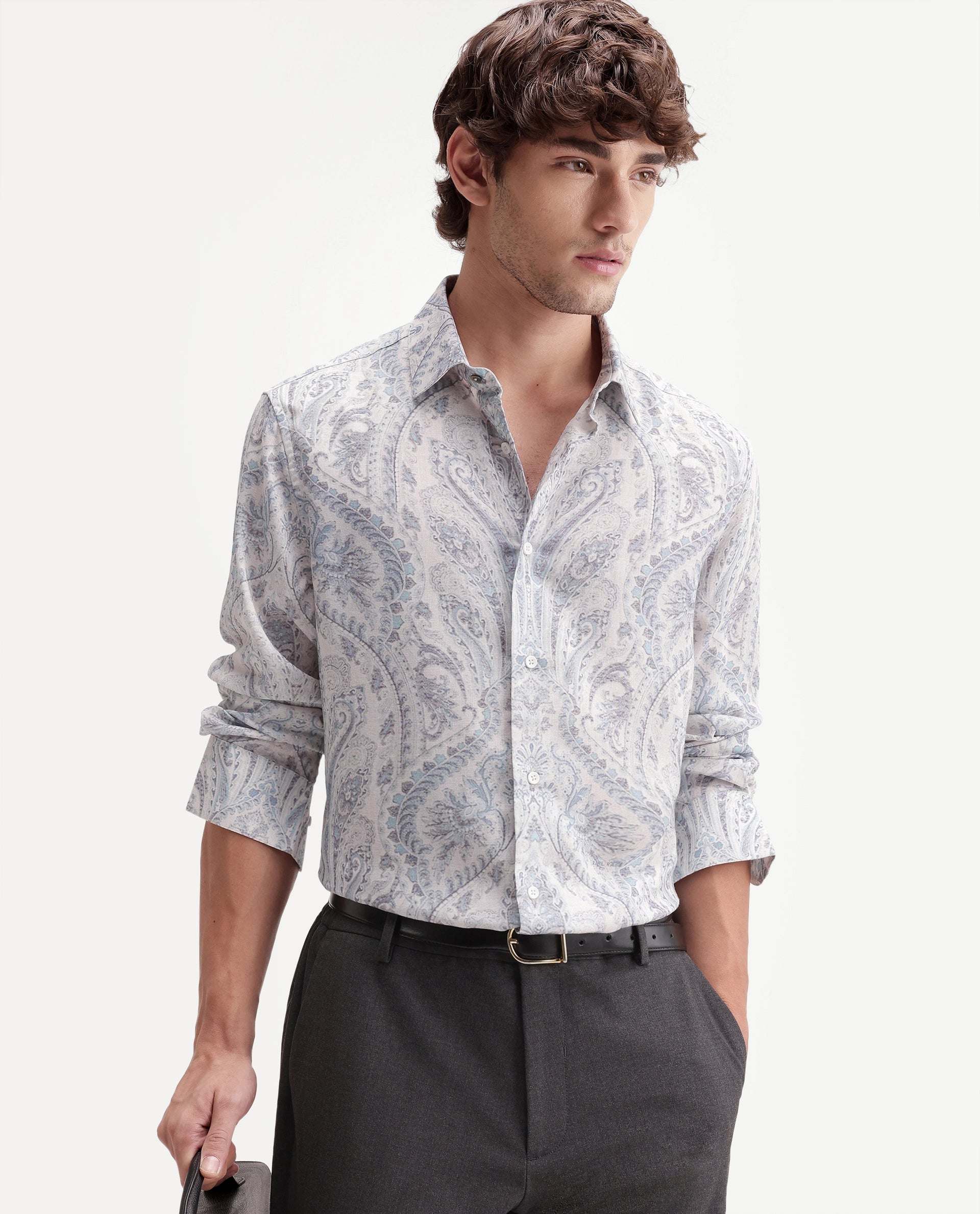 Rare Rabbit Men's Lots White Linen Blend Button Regular Fit Paisley Print Shirt