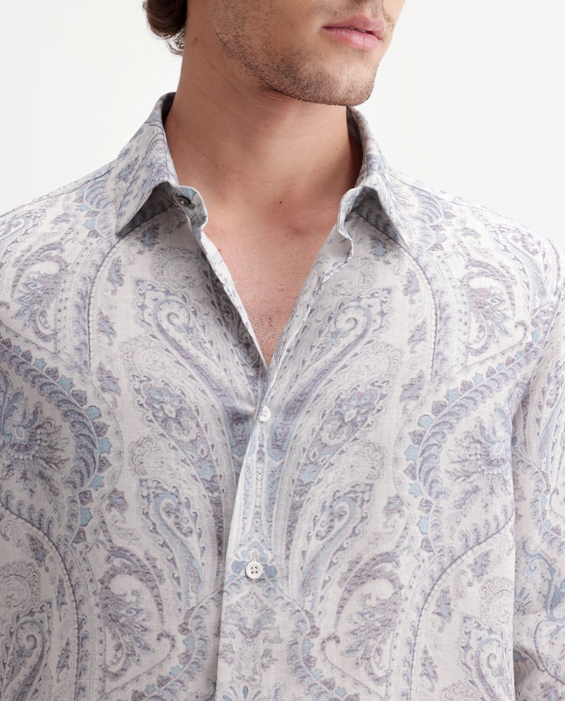 Rare Rabbit Men's Lots White Linen Blend Button Regular Fit Paisley Print Shirt