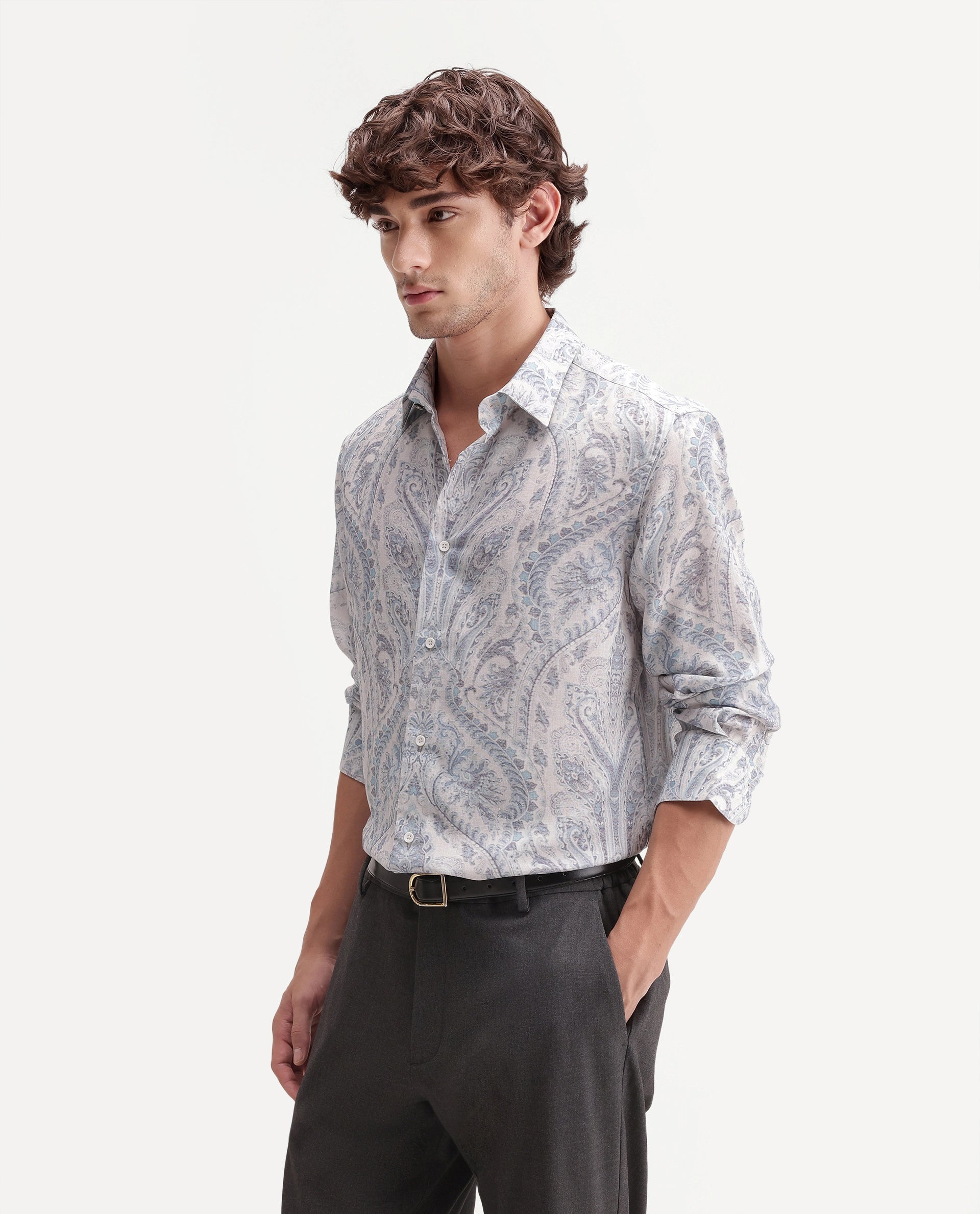 Rare Rabbit Men's Lots White Linen Blend Button Regular Fit Paisley Print Shirt