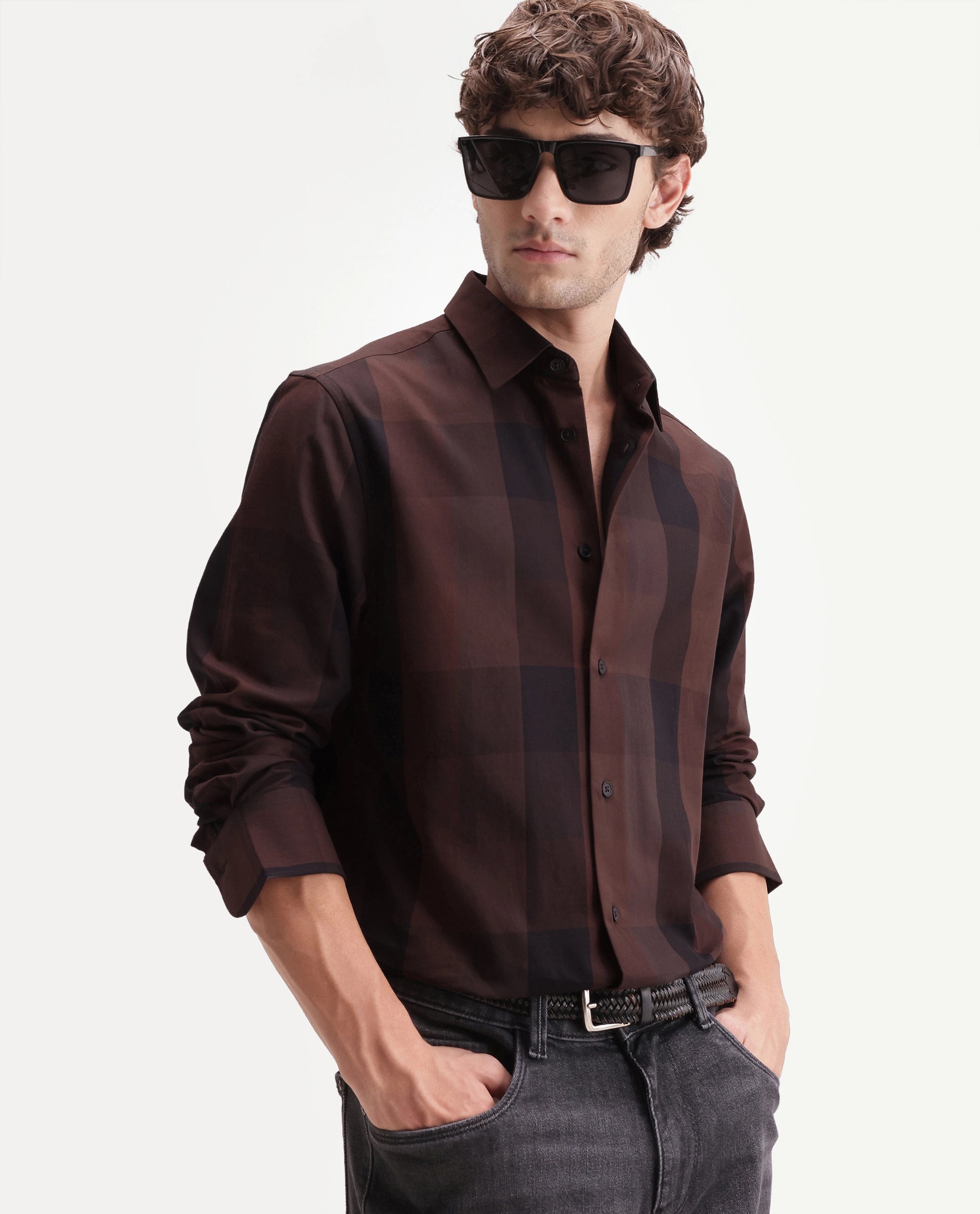 Rare Rabbit Men's Stag Maroon Cotton Button Regular Fit Checks Shirt