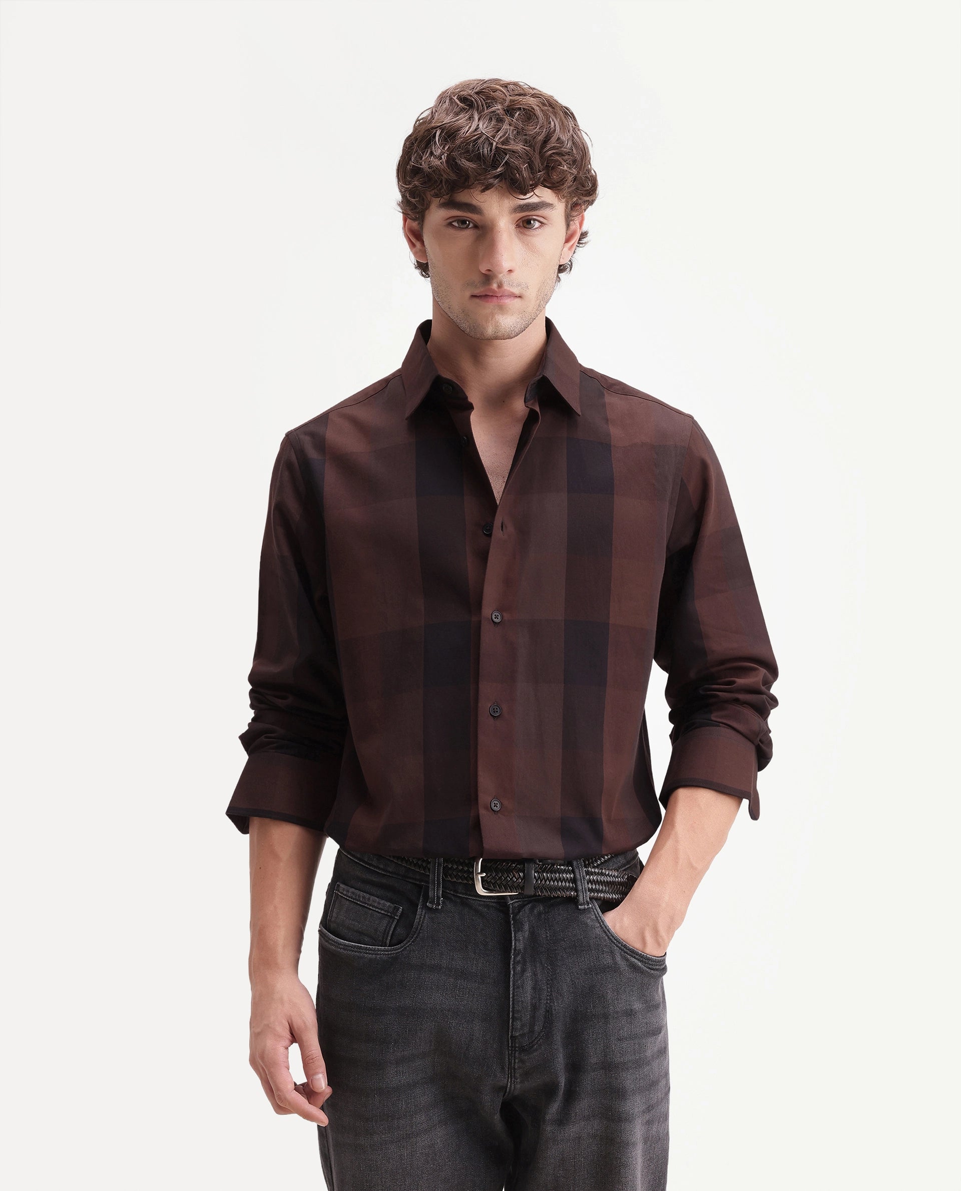 Rare Rabbit Men's Stag Maroon Cotton Button Regular Fit Checks Shirt