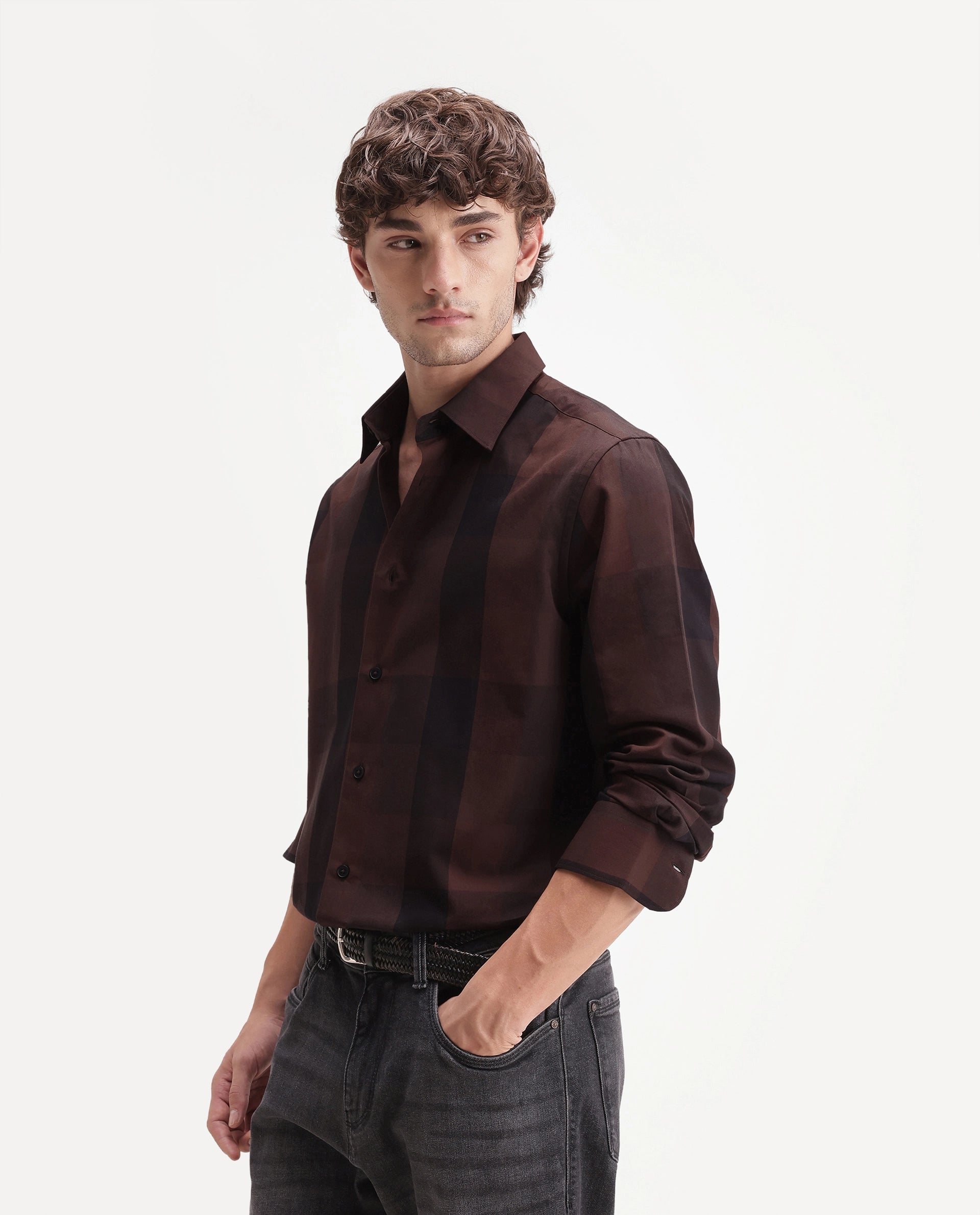 Rare Rabbit Men's Stag Maroon Cotton Button Regular Fit Checks Shirt