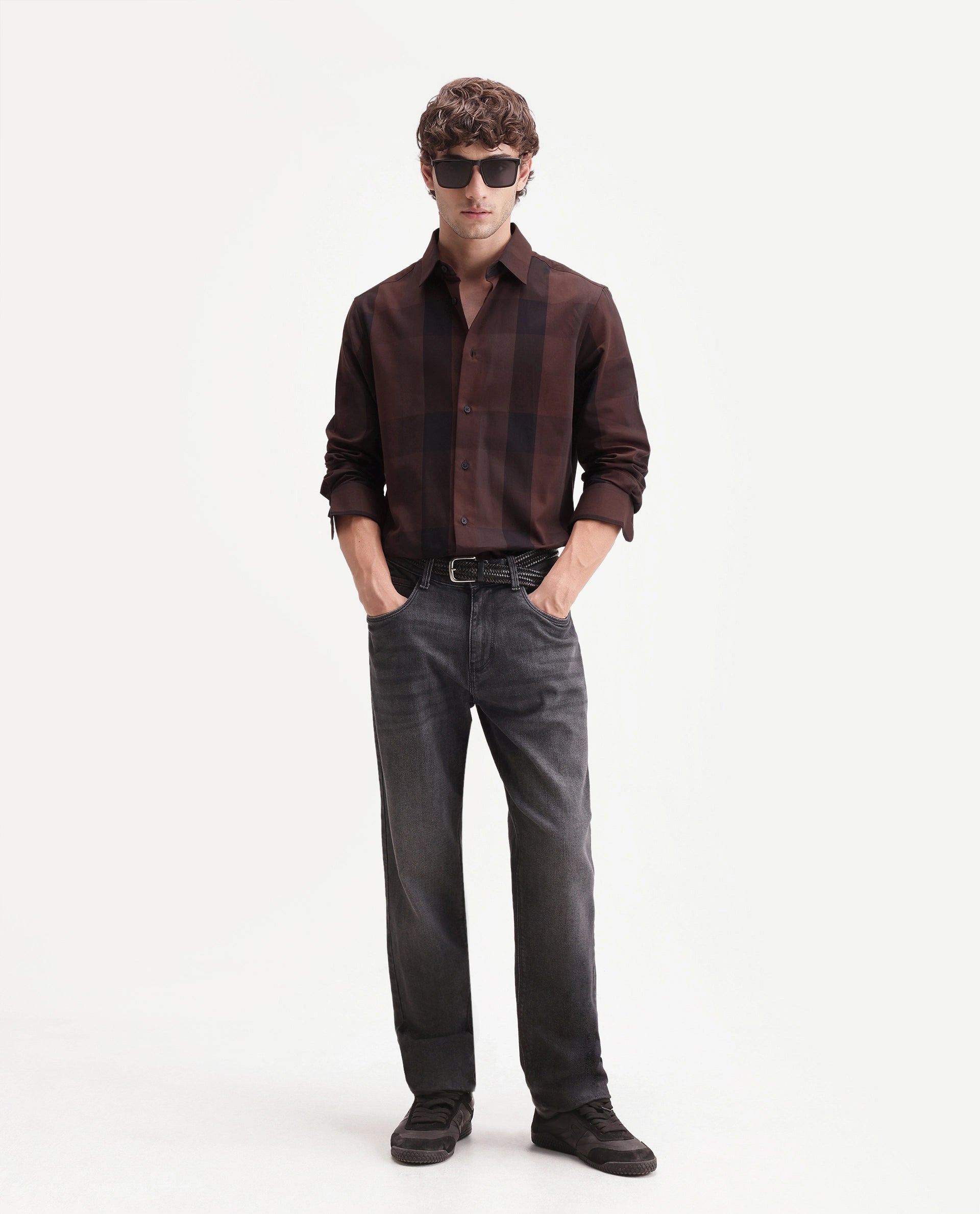 Rare Rabbit Men's Stag Maroon Cotton Button Regular Fit Checks Shirt