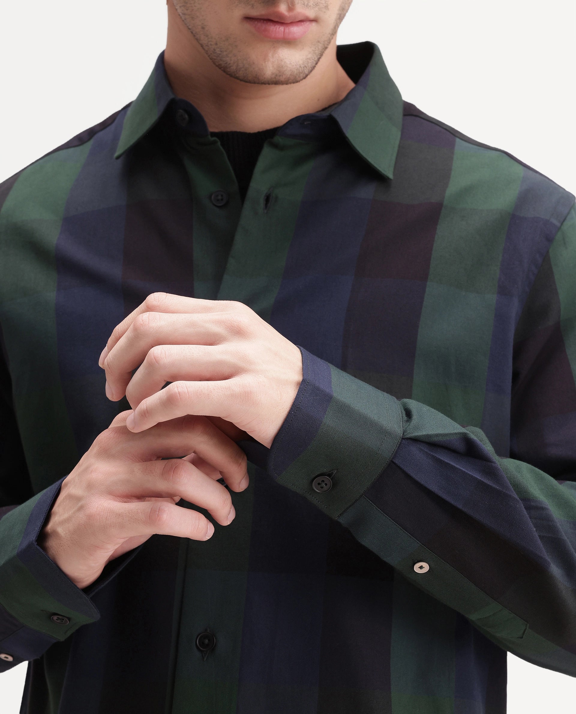 Rare Rabbit Men's Stag Green Cotton Button Regular Fit Checks Shirt