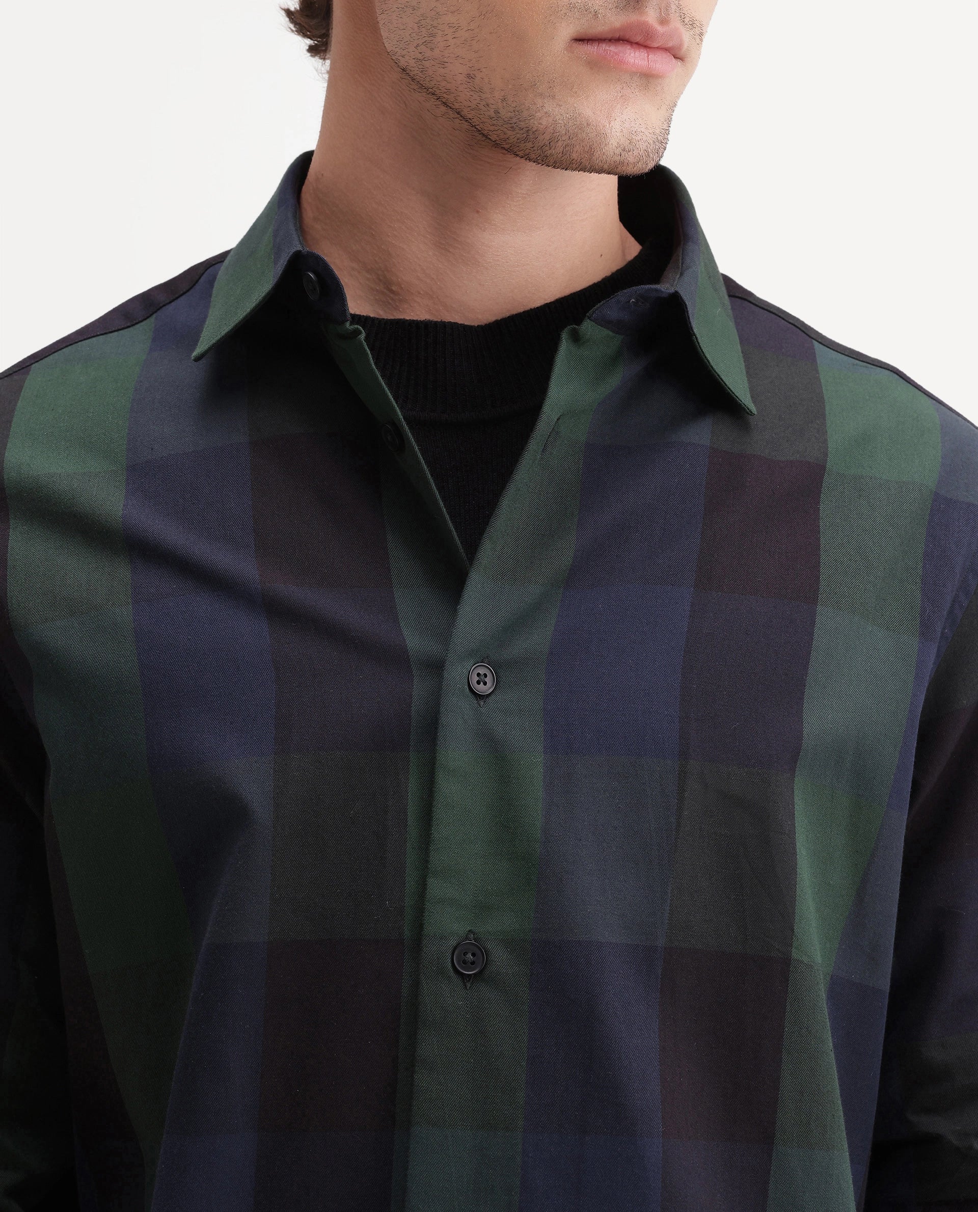 Rare Rabbit Men's Stag Green Cotton Button Regular Fit Checks Shirt