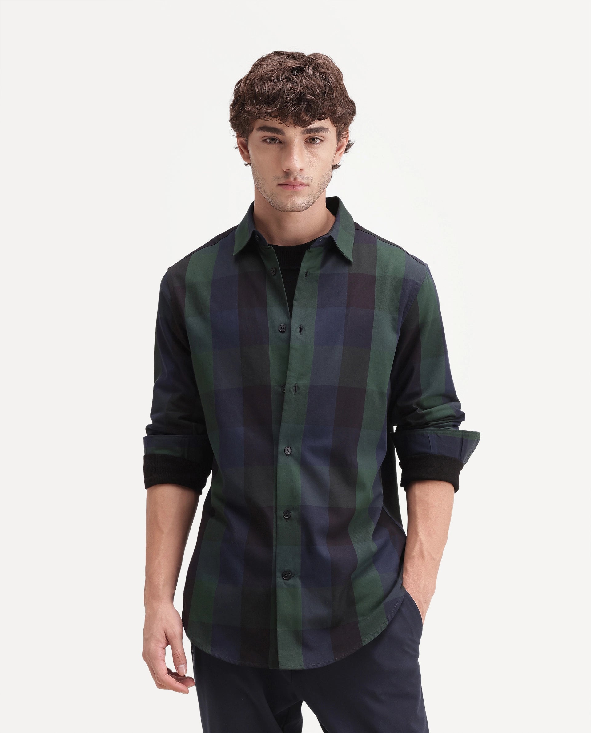 Rare Rabbit Men's Stag Green Cotton Button Regular Fit Checks Shirt
