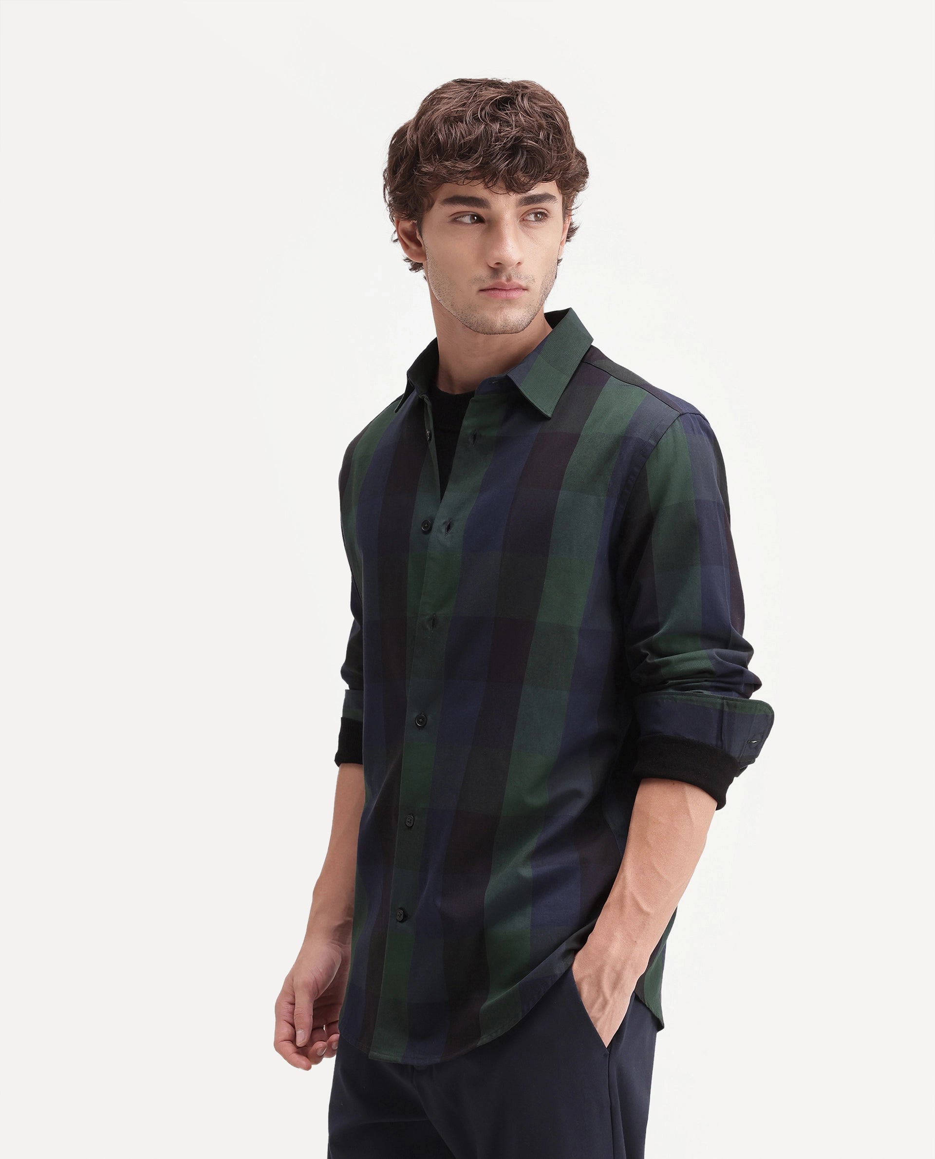 Rare Rabbit Men's Stag Green Cotton Button Regular Fit Checks Shirt