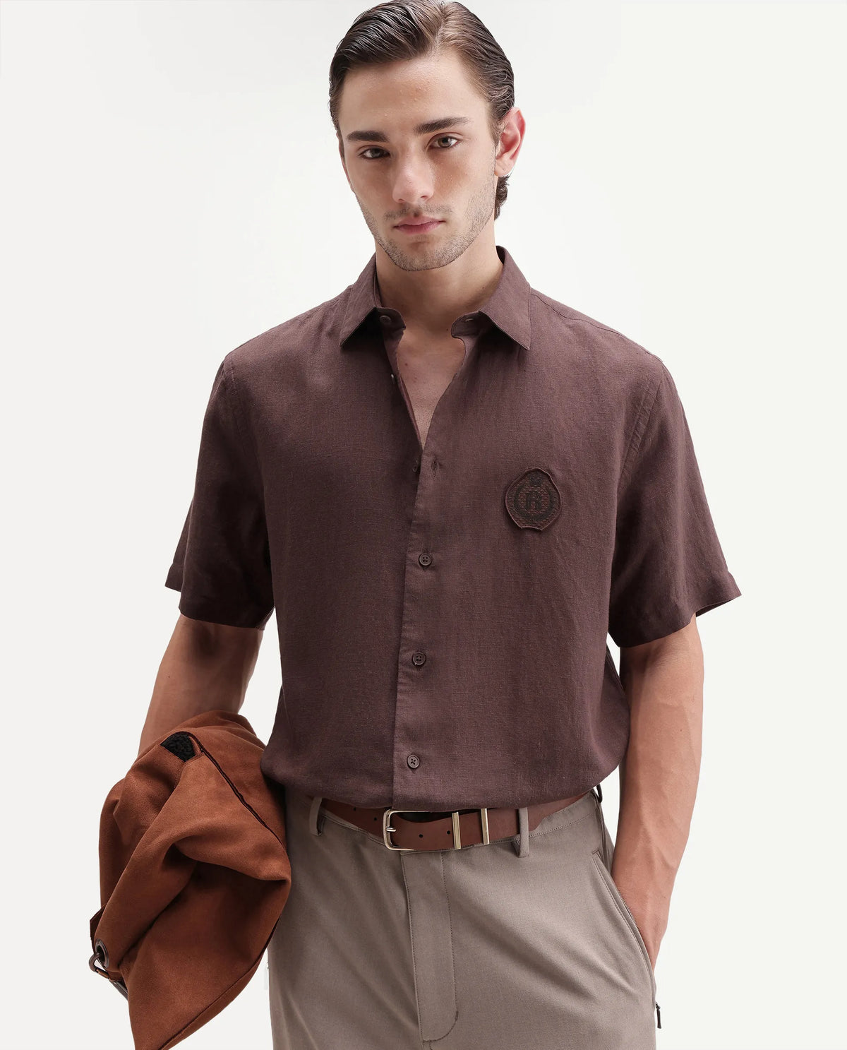 Rare Rabbit Men's Cine Ss-26 Brown Cotton Blend Button Regular Fit Shirt