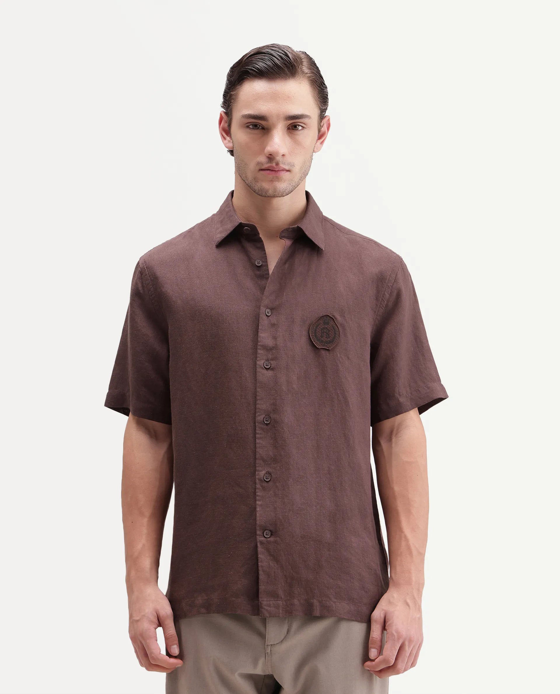 Rare Rabbit Men's Cine Ss-26 Brown Cotton Blend Button Regular Fit Shirt