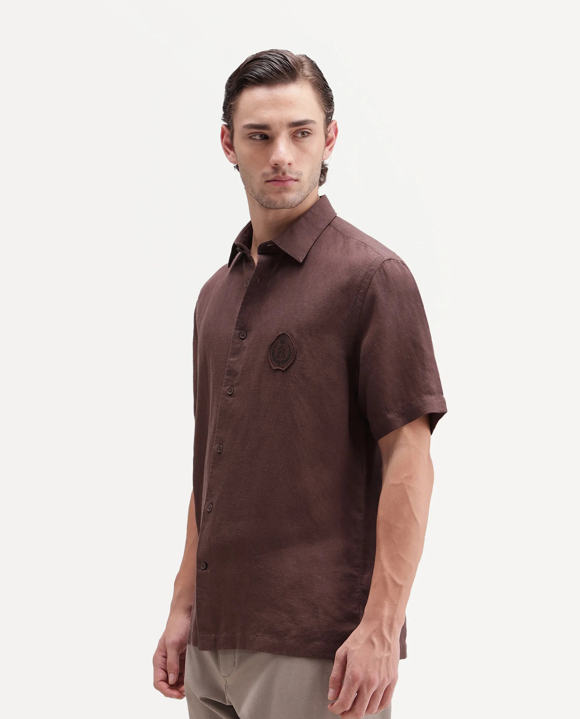 Rare Rabbit Men's Cine Ss-26 Brown Cotton Blend Button Regular Fit Shirt