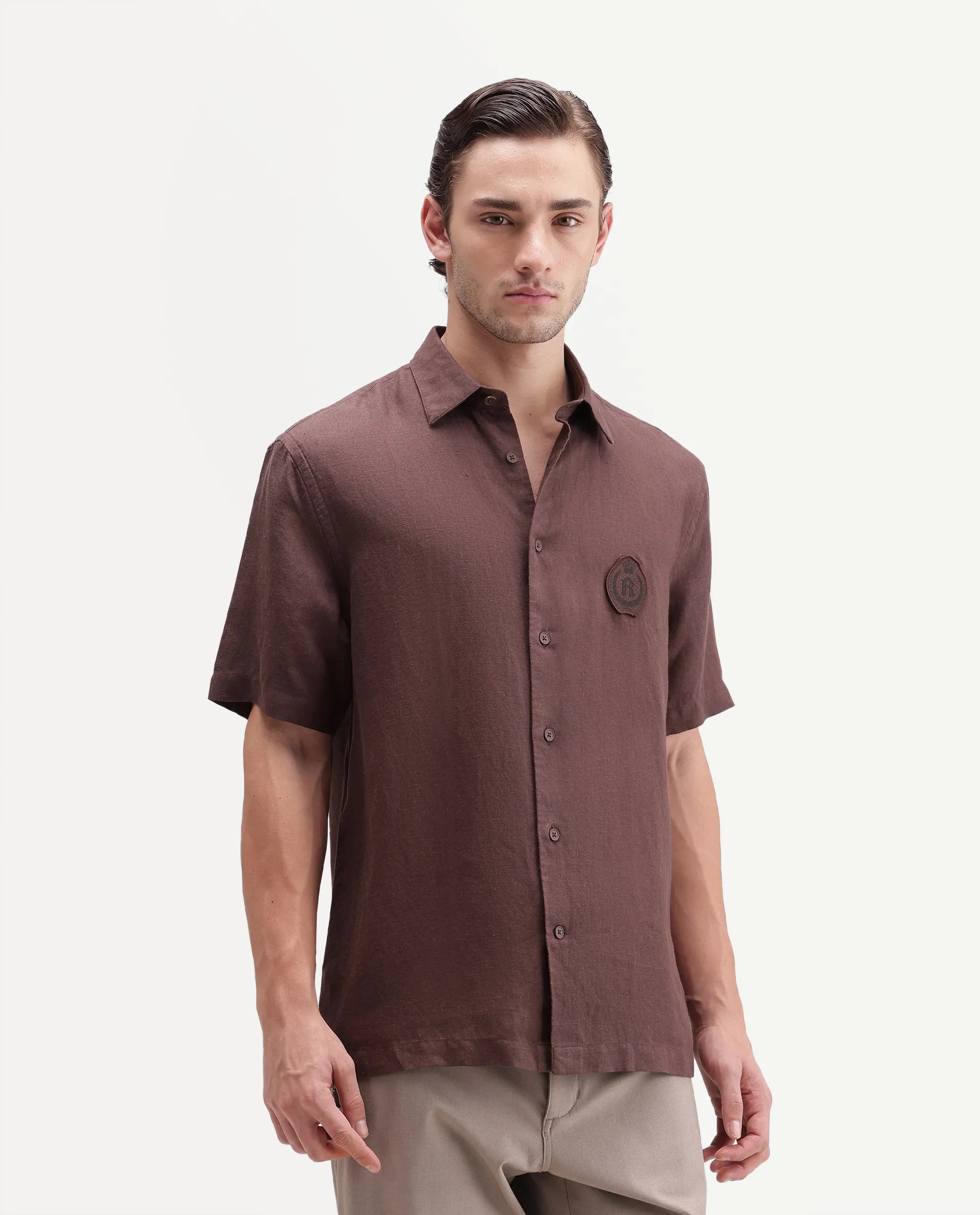 Rare Rabbit Men's Cine Ss-26 Brown Cotton Blend Button Regular Fit Shirt