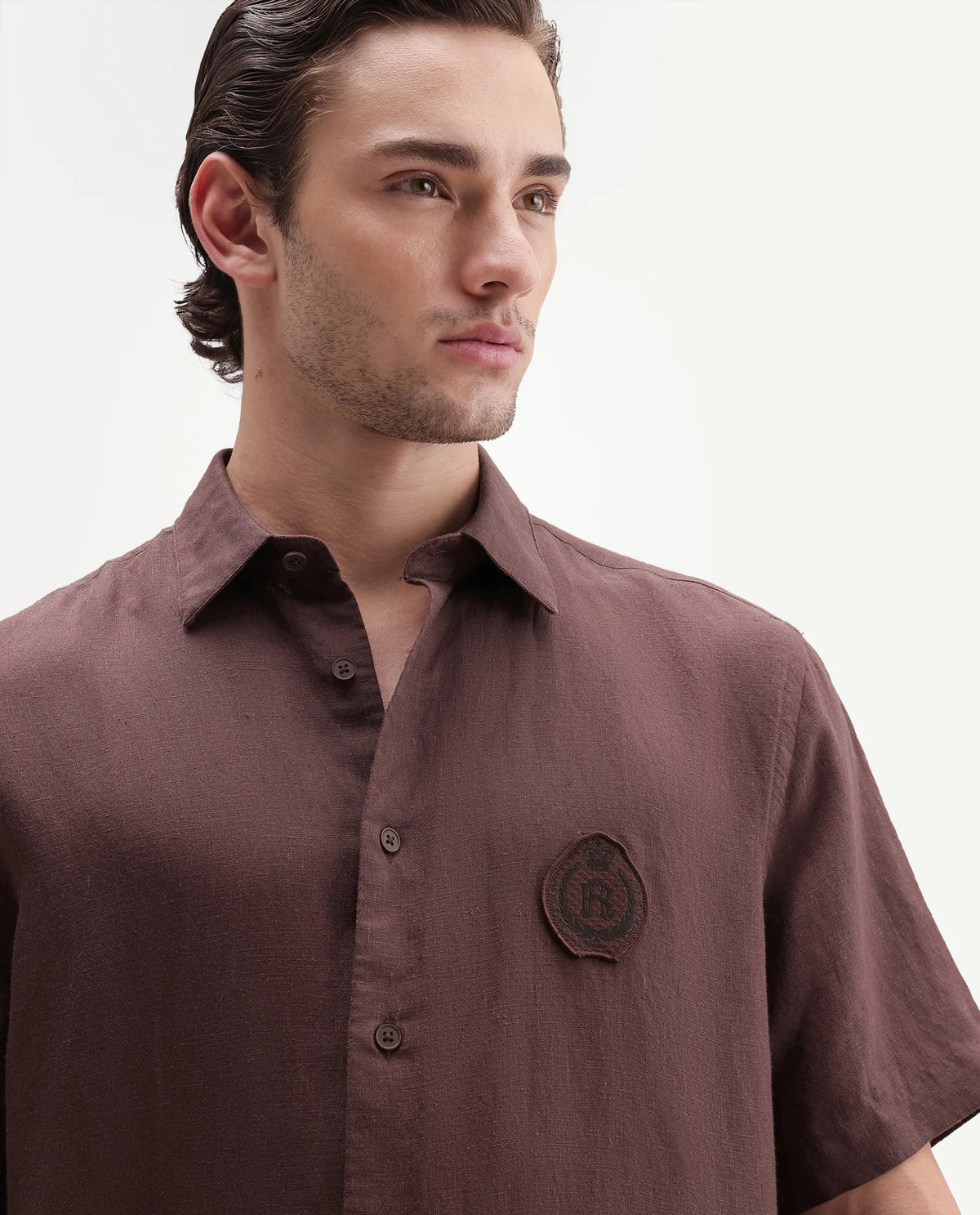 Rare Rabbit Men's Cine Ss-26 Brown Cotton Blend Button Regular Fit Shirt