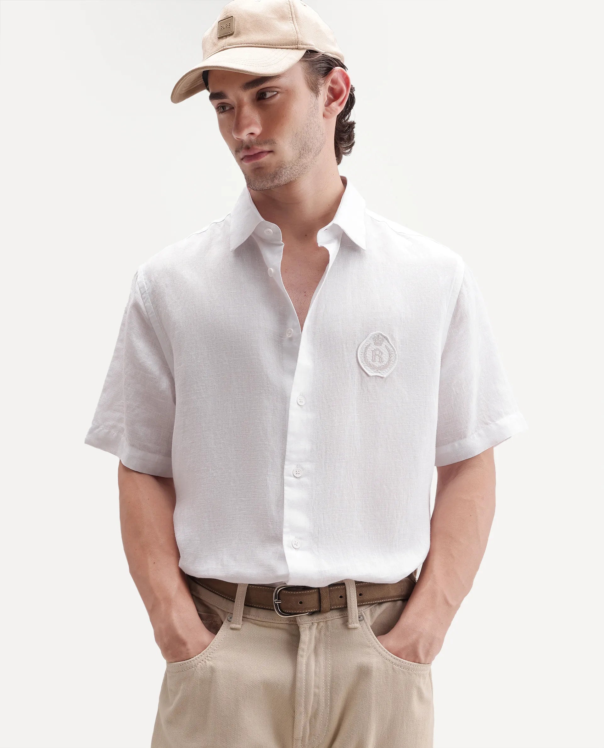 Rare Rabbit Men's Cine Ss-26 White Linen Blend Button Regular Fit Plain Shirt