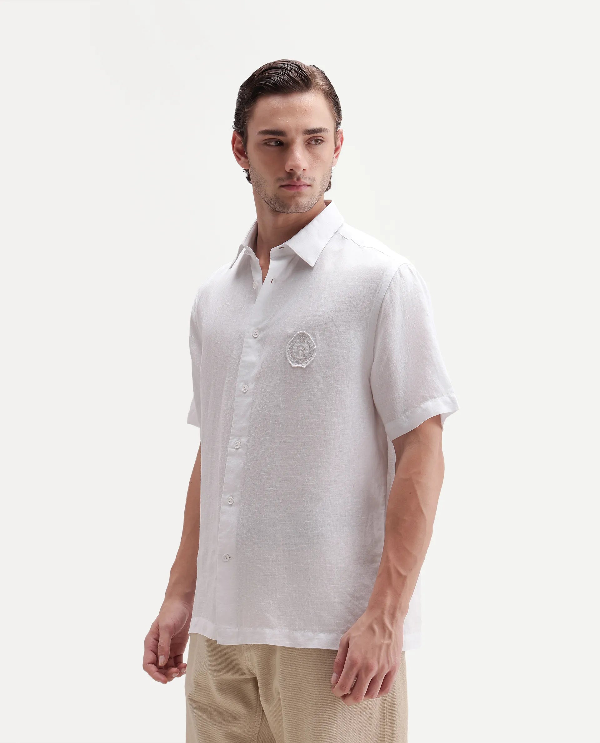 Rare Rabbit Men's Cine Ss-26 White Linen Blend Button Regular Fit Plain Shirt
