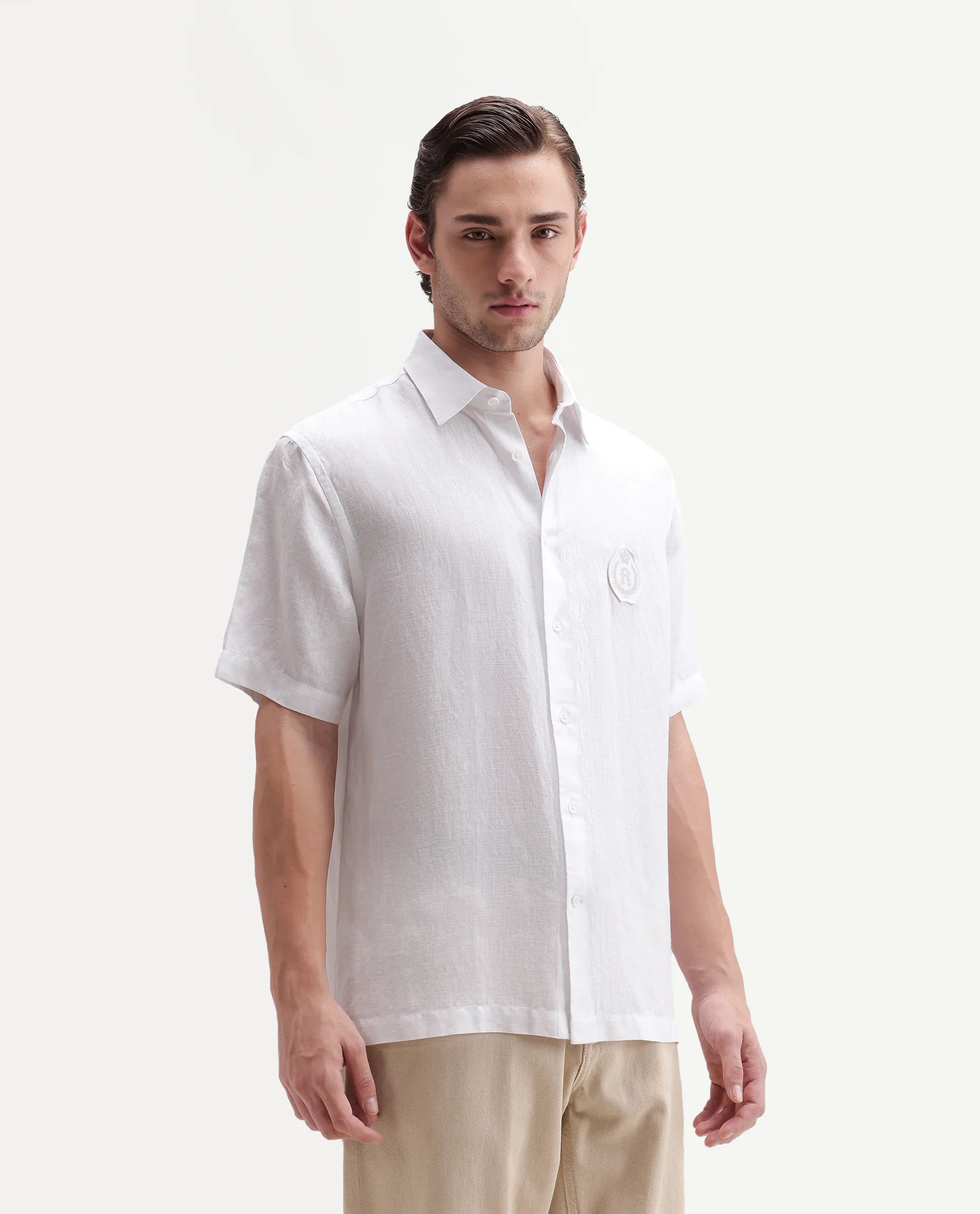 Rare Rabbit Men's Cine Ss-26 White Linen Blend Button Regular Fit Plain Shirt