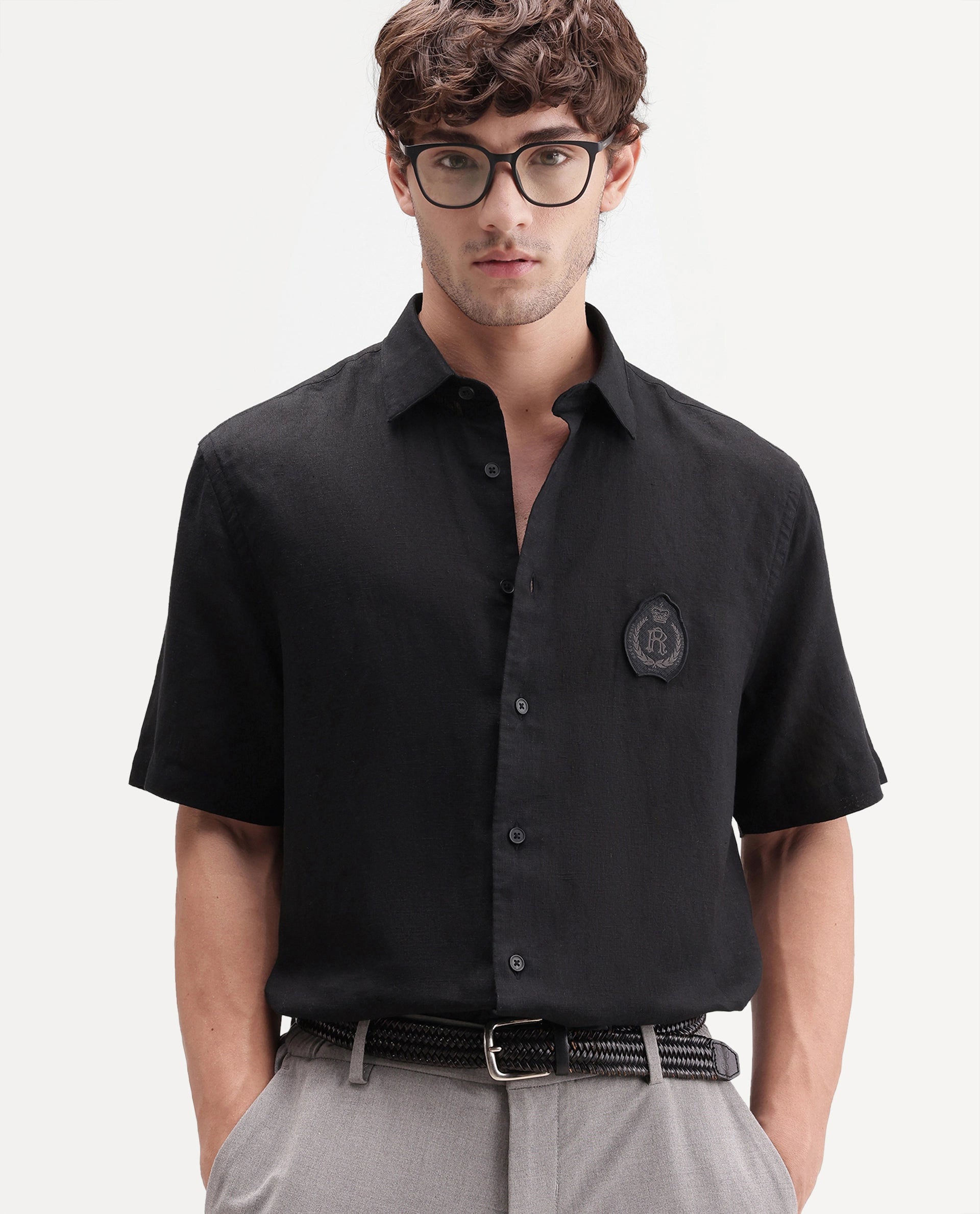 Rare Rabbit Men's Cine Ss-26 Black Cotton Blend Button Regular Fit Shirt