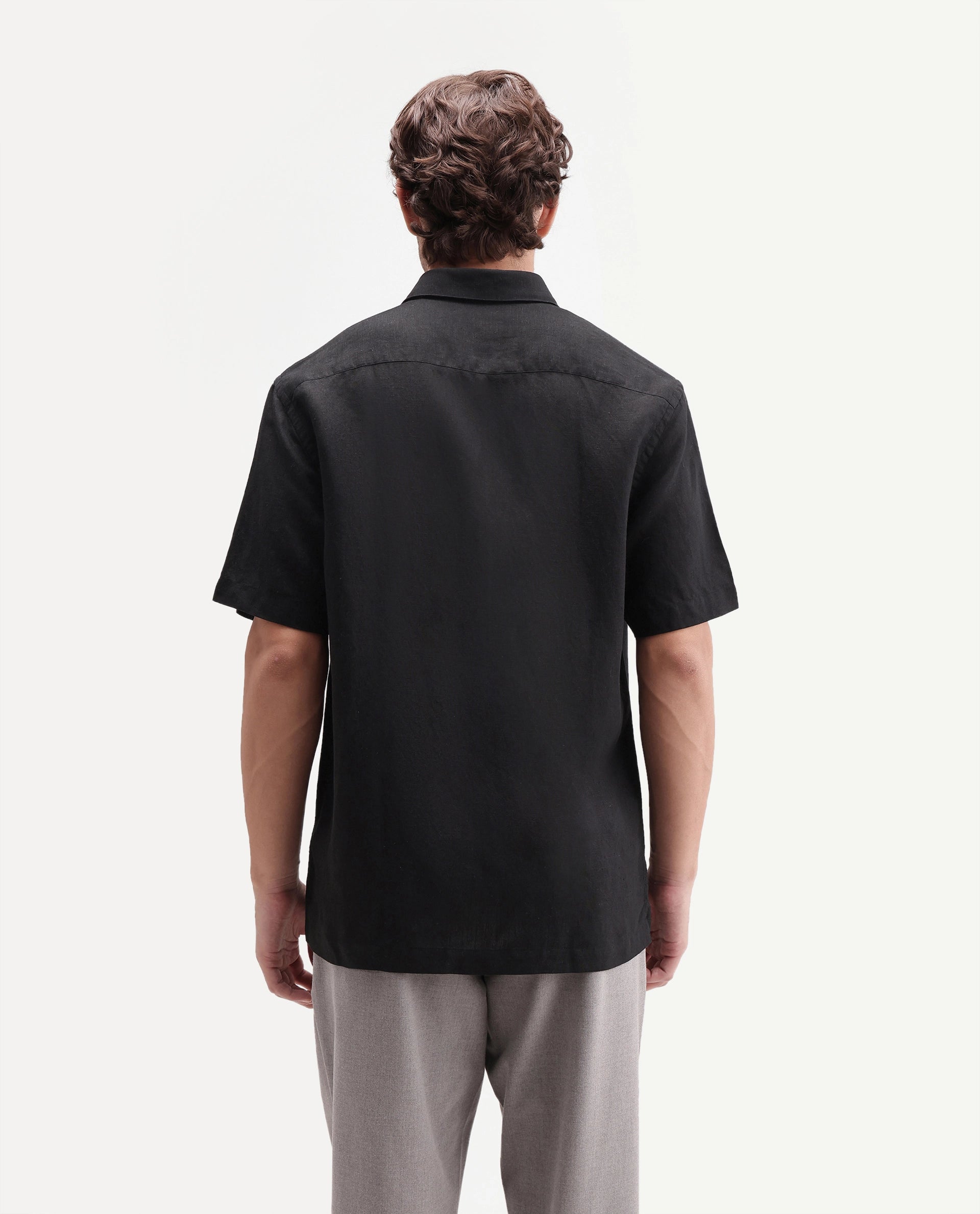 Rare Rabbit Men's Cine Ss-26 Black Cotton Blend Button Regular Fit Shirt