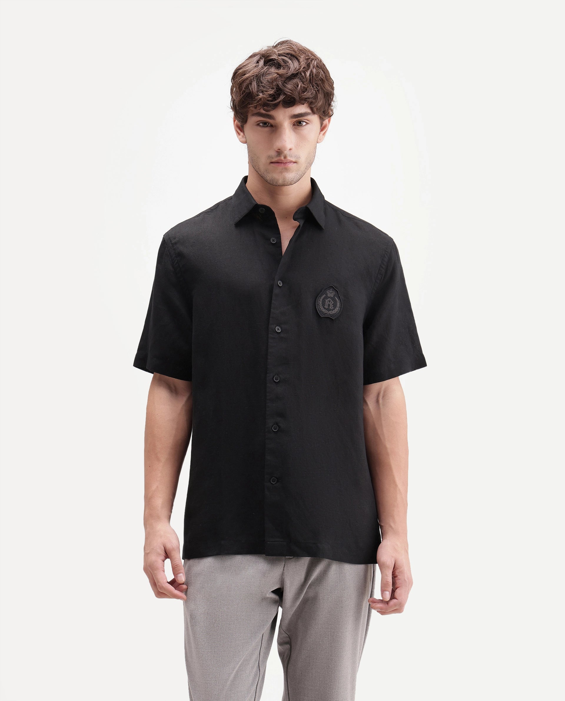 Rare Rabbit Men's Cine Ss-26 Black Cotton Blend Button Regular Fit Shirt
