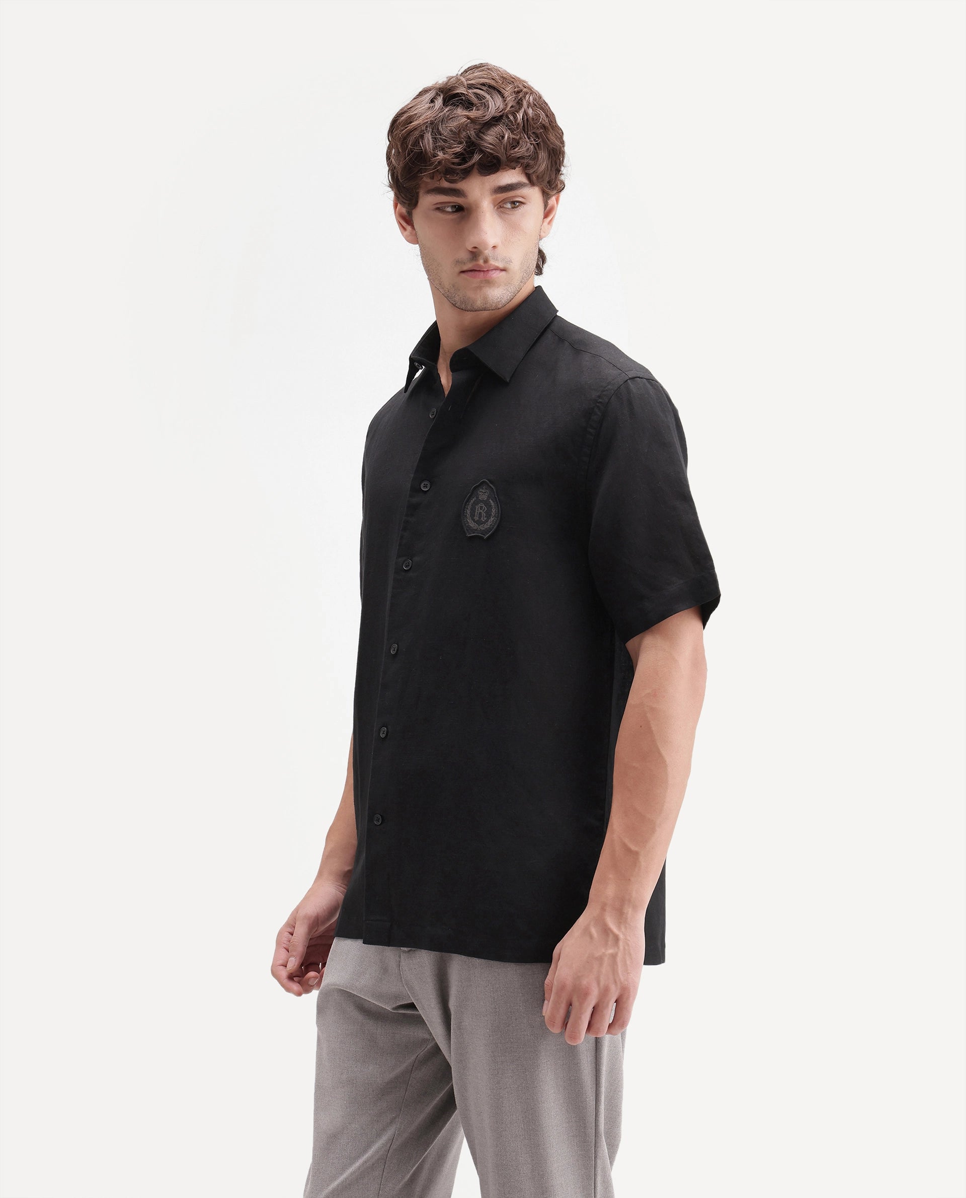 Rare Rabbit Men's Cine Ss-26 Black Cotton Blend Button Regular Fit Shirt