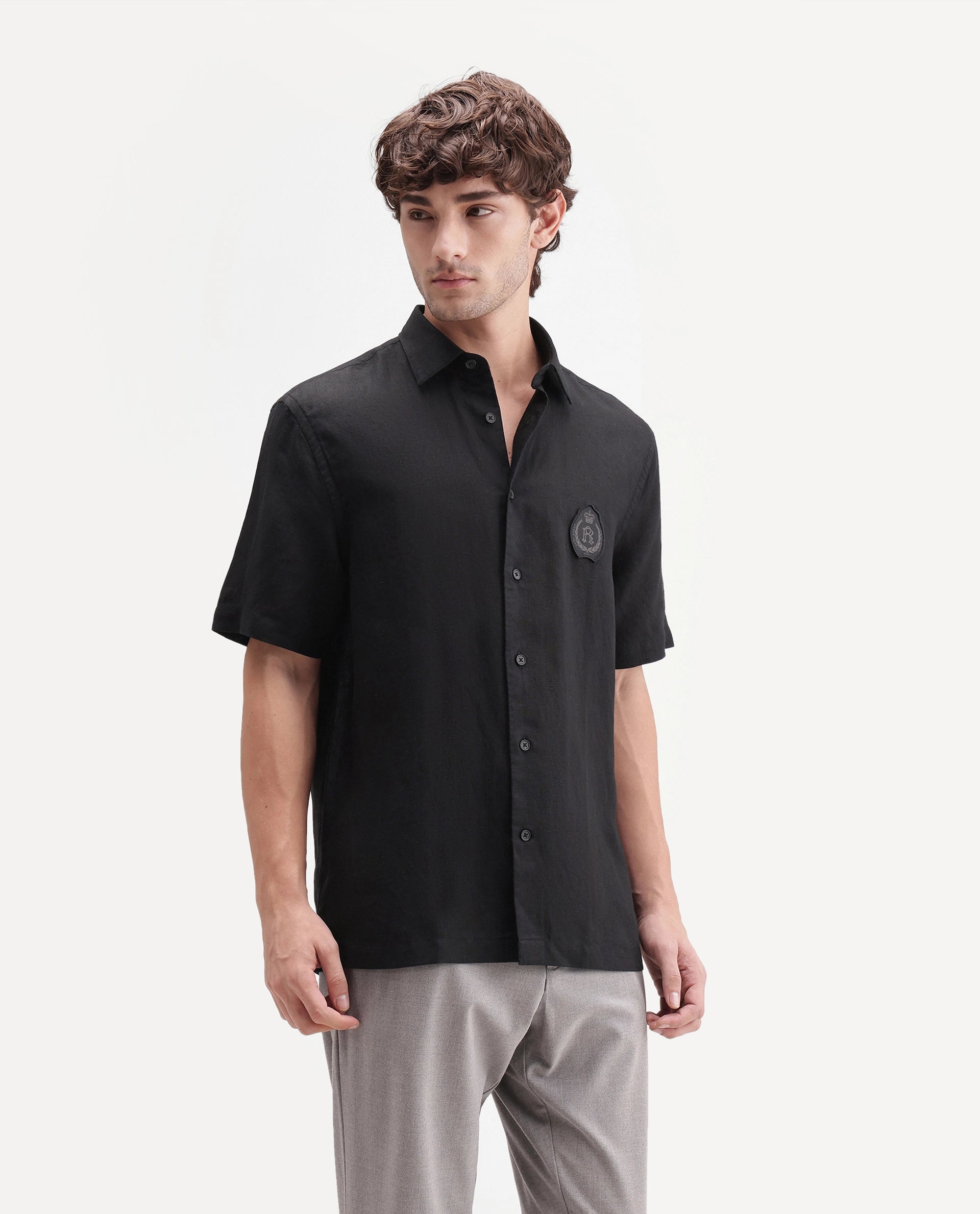 Rare Rabbit Men's Cine Ss-26 Black Cotton Blend Button Regular Fit Shirt