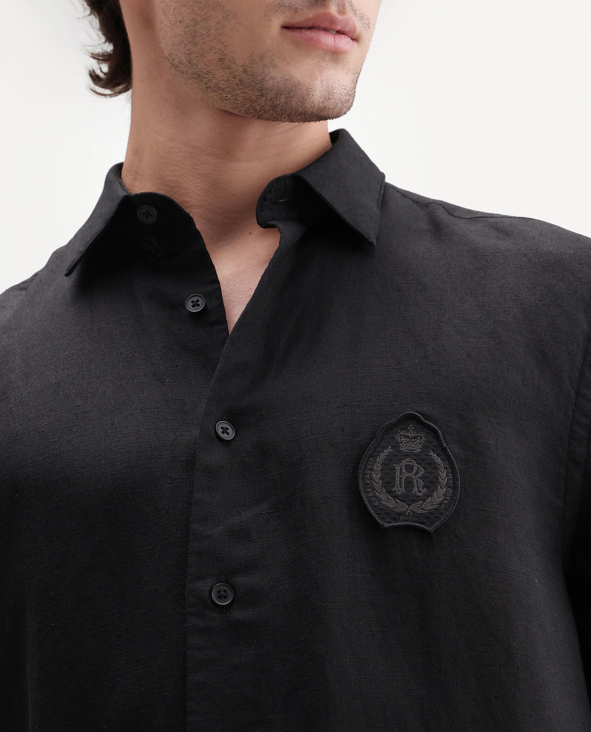 Rare Rabbit Men's Cine Ss-26 Black Cotton Blend Button Regular Fit Shirt