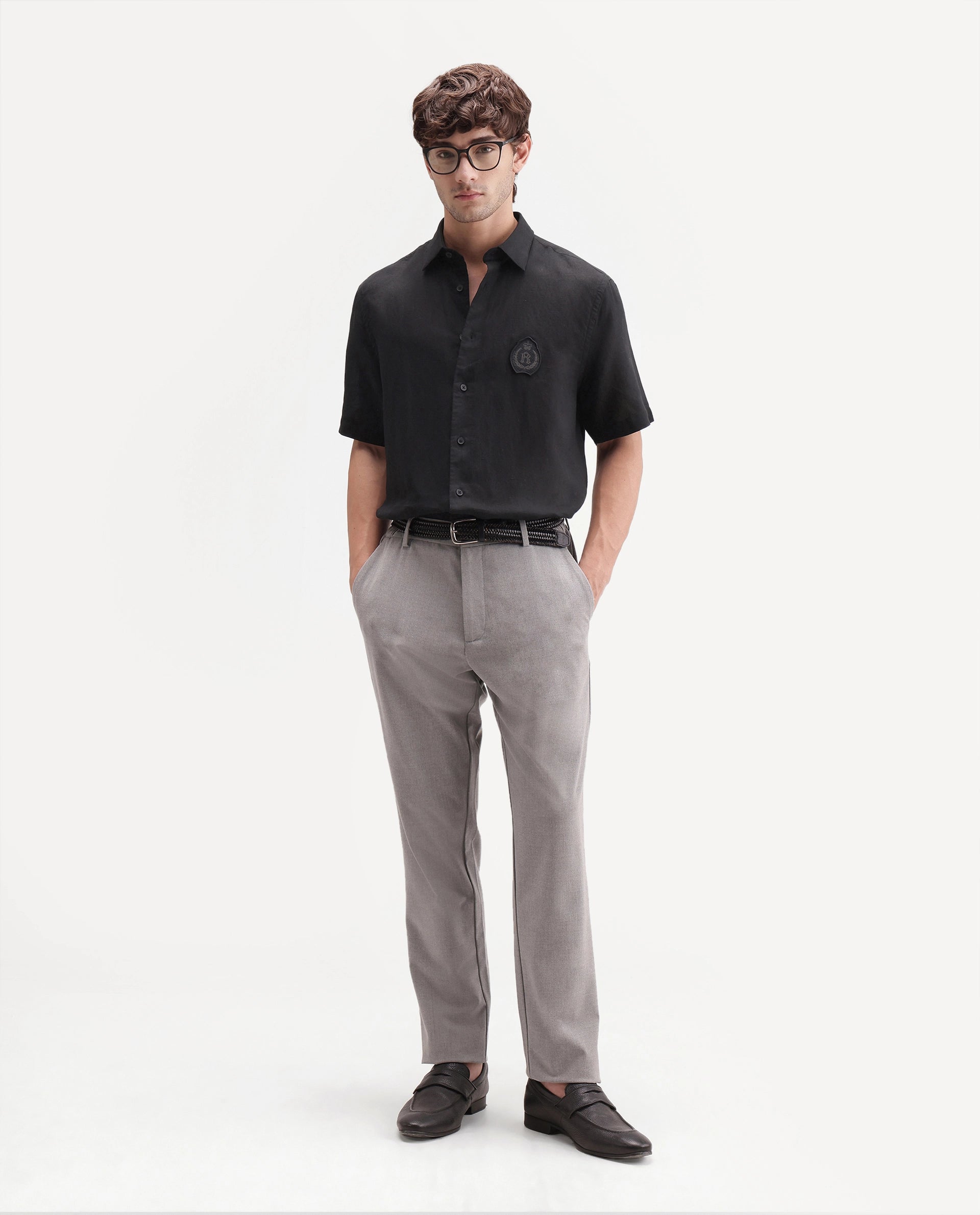 Rare Rabbit Men's Cine Ss-26 Black Cotton Blend Button Regular Fit Shirt
