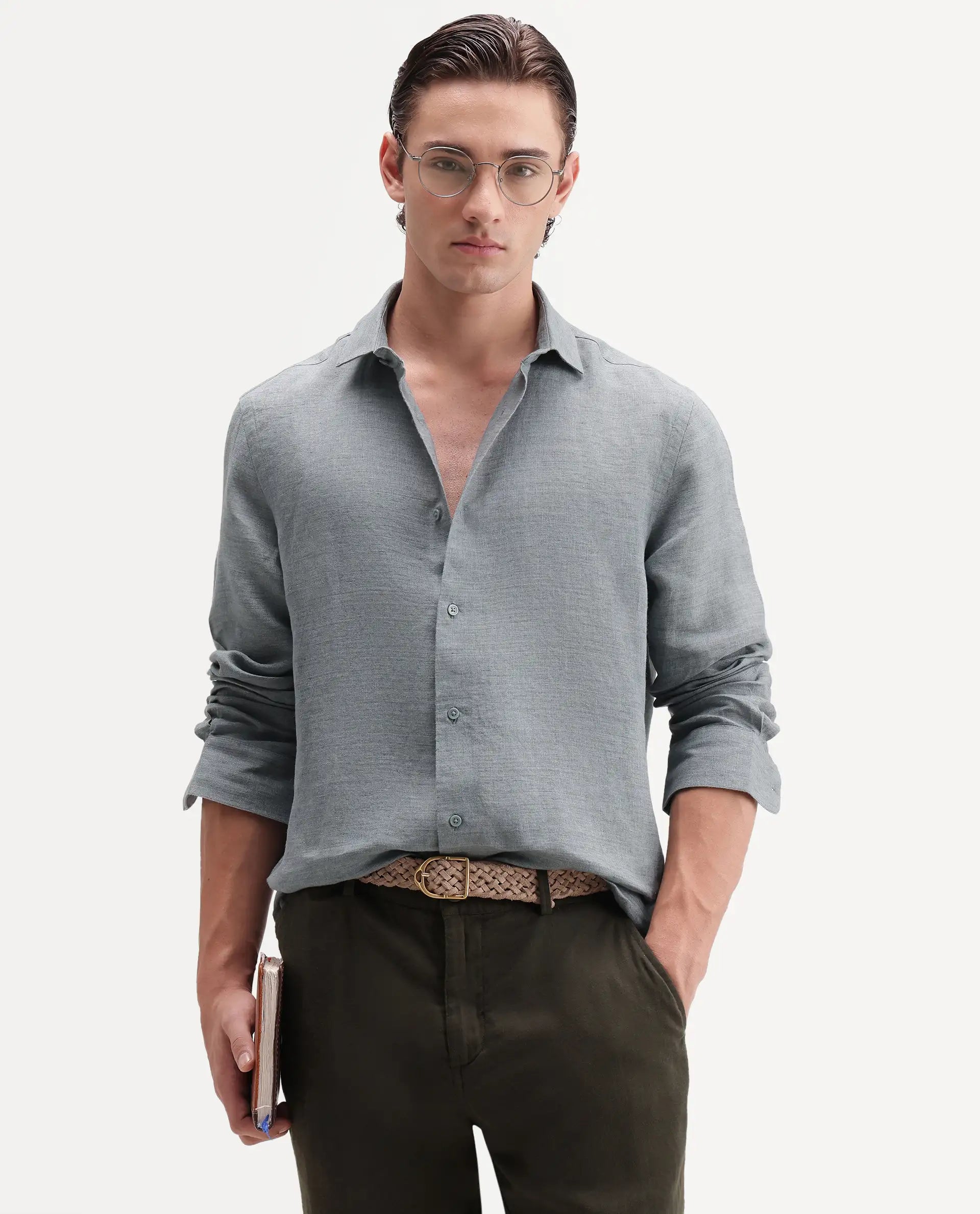 Rare Rabbit Men's Borium Ls-Aw26 Dusky Teal 100% Linen Button Regular Fit Shirt